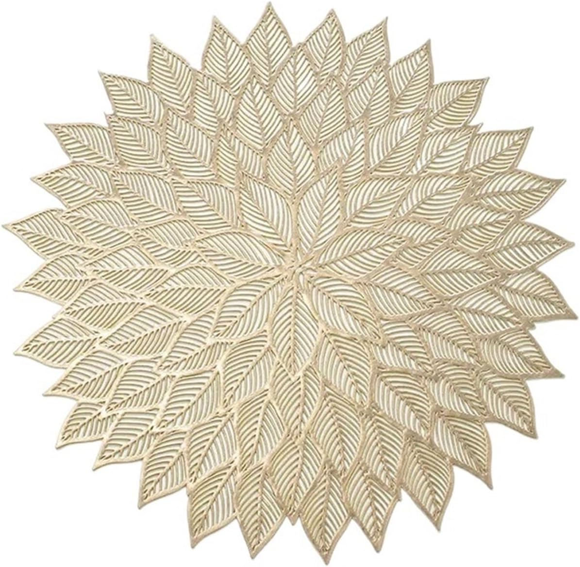 6/4pcs Light Luxury Leaf Placmat European PVC Hollow Hot Stamping Circular Anti Slip Insulation Mat Dining Table Decoration Mat(Gold,4pieces)