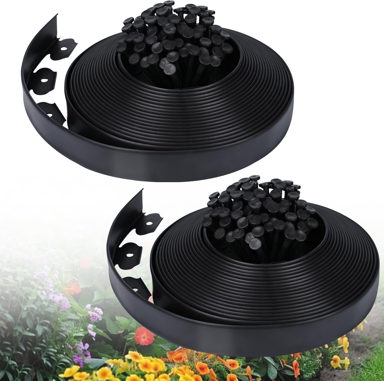 2 Inch x 100ft Landscape Edging Border with 150 Stakes, No Dig Flexible Plastic Garden Edging Border Kit, Tool-Free Installation Landscaping Edging for Paver, Mulch, Yard, Flower Bed