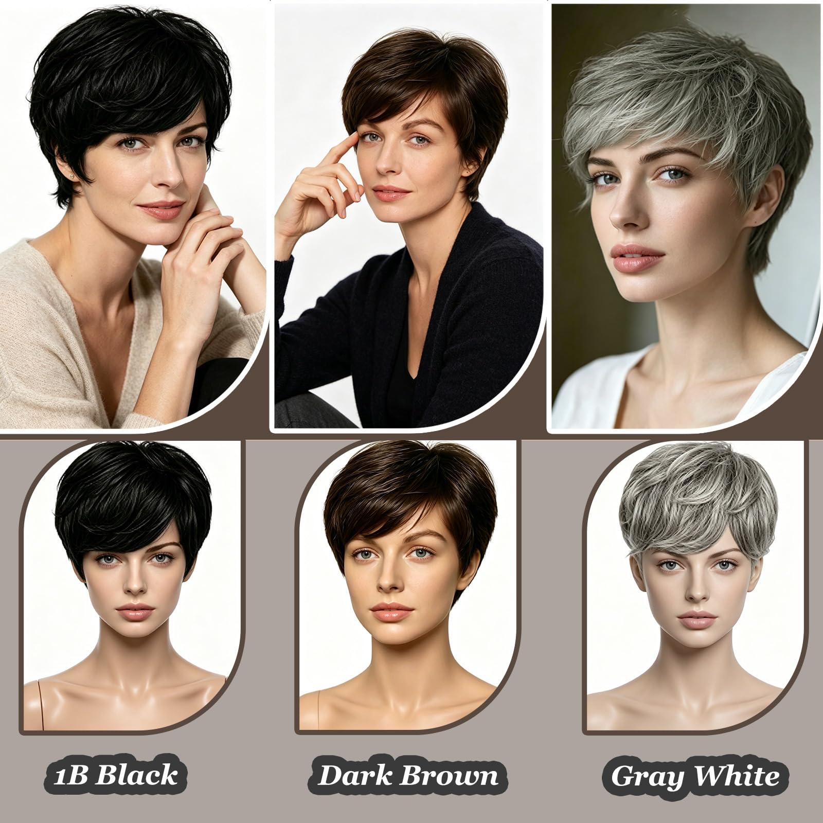 Echthaar Haartopper Damen Pixie-Cut mit Pony,15 cm Kurzhaar Clip-in Haarteil Grau-Weiß, atmungsaktive Rosennetz-Basis 13x14 cm,ideal zum Abdecken grauer Haaransätze