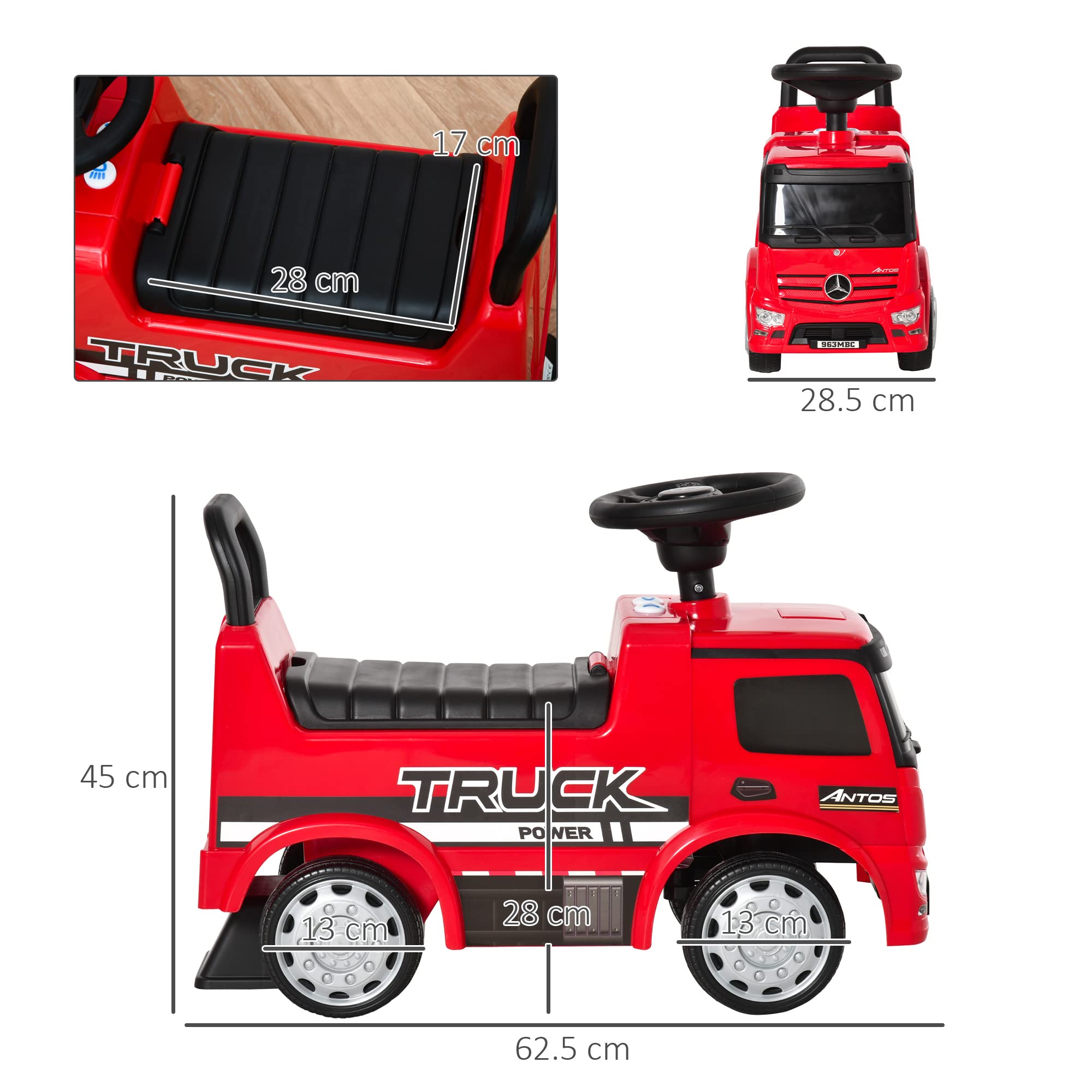 HOMCOM Pojazd ciężarówka z światłem 62,5x28,5x45cm Czerwony+Czarny | Samochód jezdny, Jeździk, Pojazd dziecięcy, Licencja Mercedes, dla dzieci 12-36 mies., Metal PP-Tworzywo