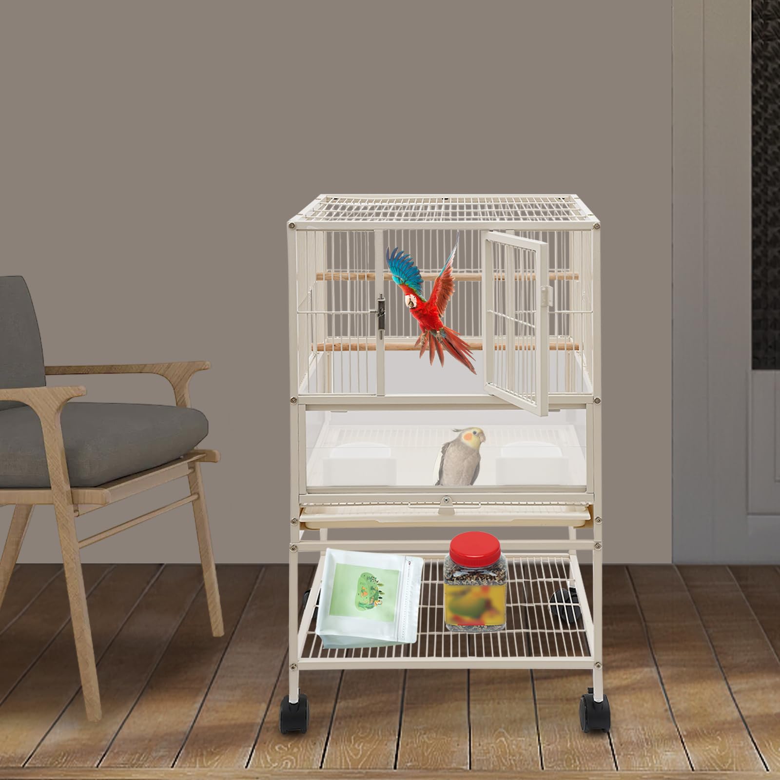 Großer Vogelkäfig Vogelhaus 48,5 x 46 x 83cm rollbarer Vogelvoliere Papagei Käfig mit 2 Fressnäpfe für Sittiche, Lorikeets, Basilisken