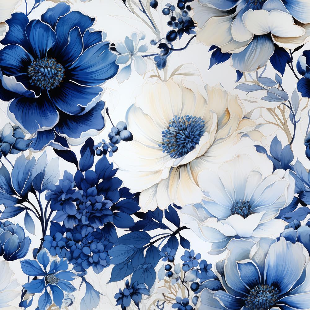 Redamancy Blue Vintage And White Flower Dahlia Peel And Stick Wallpaper Easy Peel Off For Nightstand Drawer, Renters Friendly 17.7"X236"}