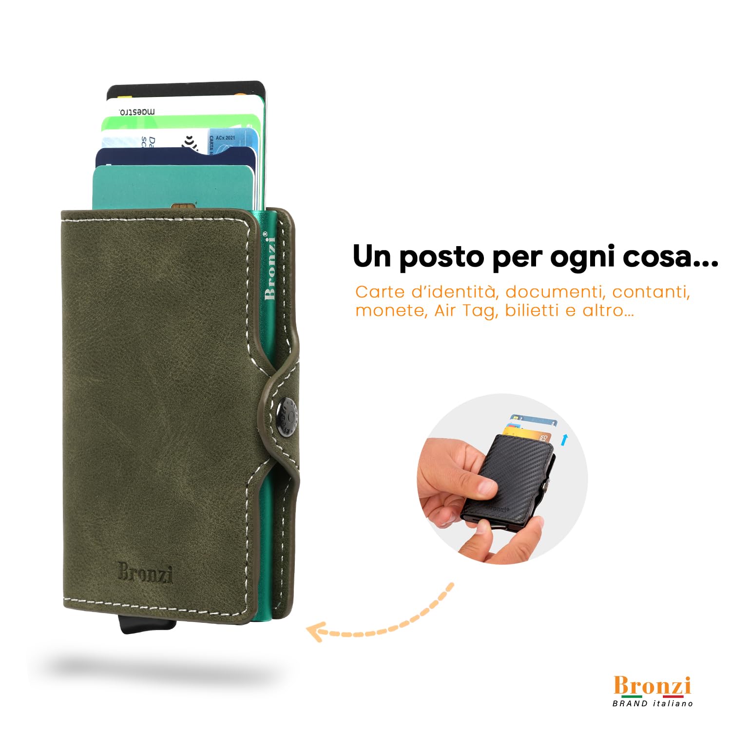 Bronzi Portafoglio Porta Carte Credito - Portafoglio Uomo Donna Slim Portacarte - Mini Porta Tessere - Protezione RFID Portatessere - Design Smart Pelle Verde Oliva