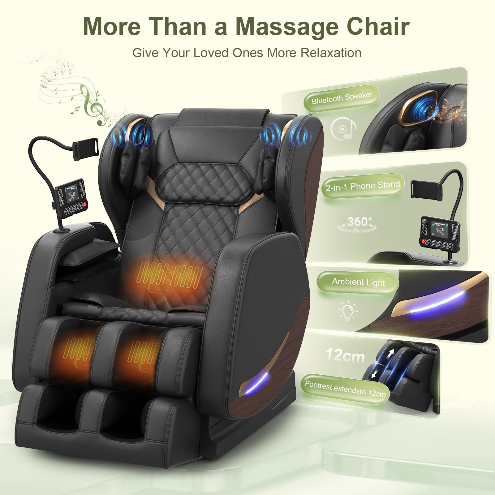Sillón de Masaje,14 Rodillos de Masaje,Calefacción Lumbar,8 Bolsas de Aire,Altavoz Bluetooth,Controlador de Pantalla Táctil,Sillón Reclinable de Gravedad Cero para Cine en Casa (Negro)