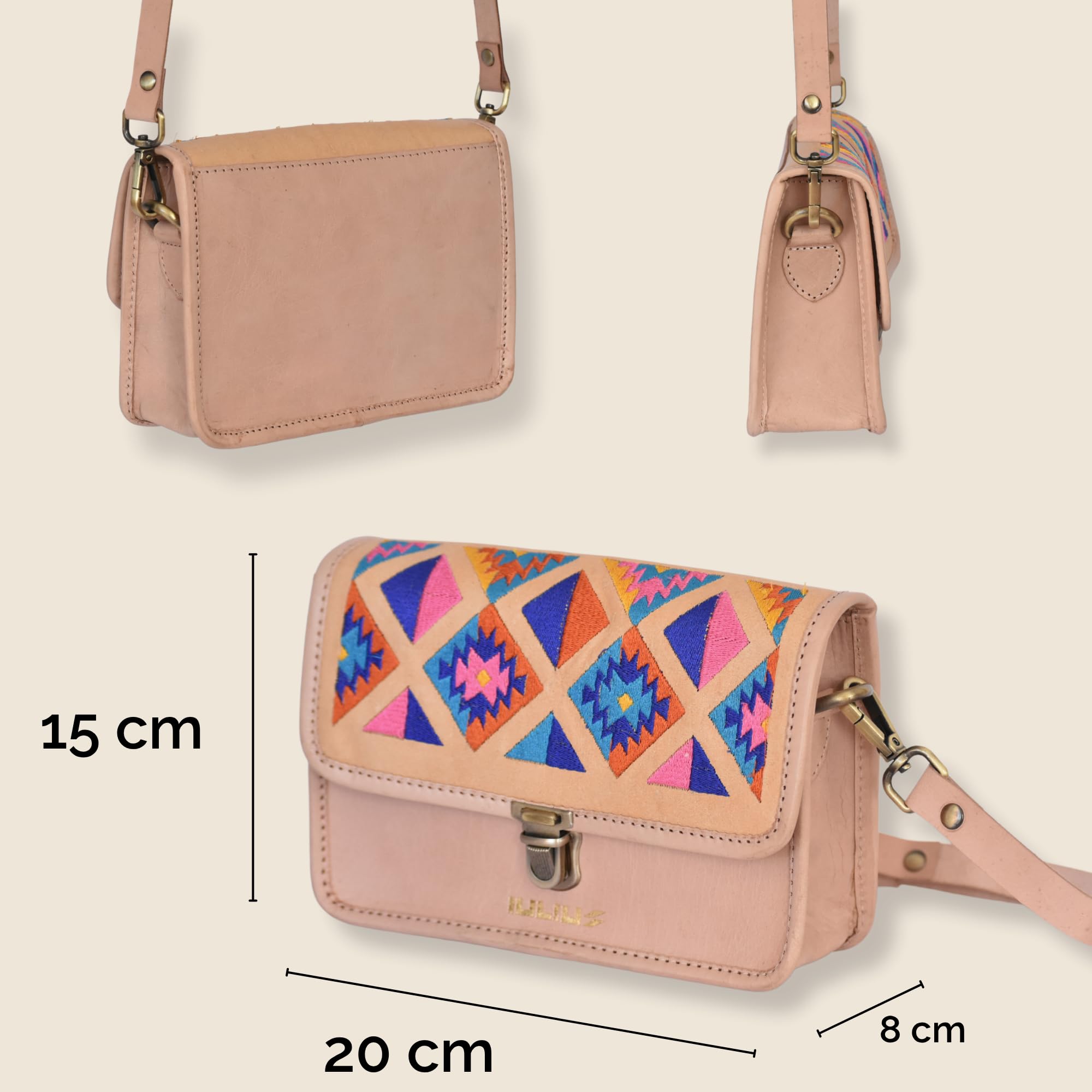 iulius Bolso Bandolera de Cuero Artesanal, Camel, 20x15x8 cm, Piel Vacuno, Diseño Étnico, Bordado Geométrico, Cierre de Broche, Correa Ajustable