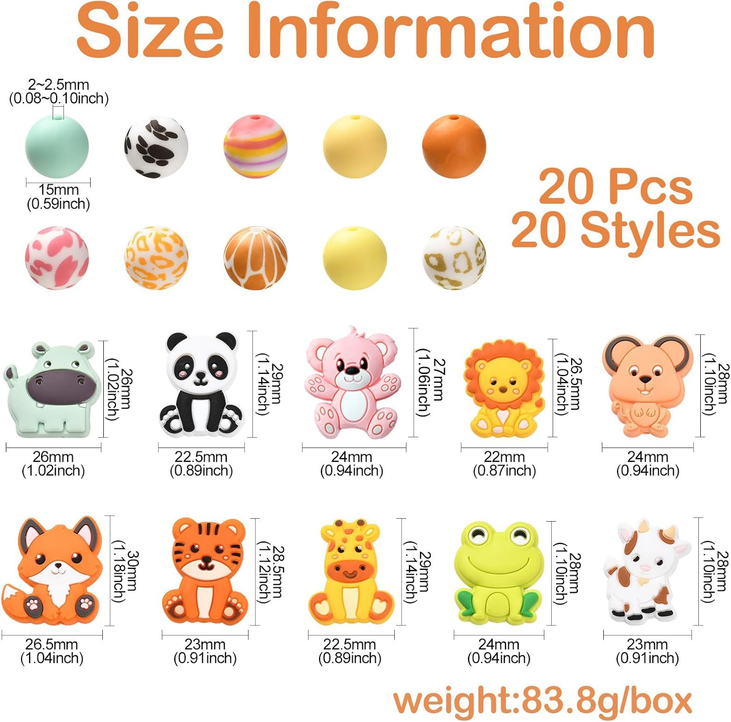 LiQunSweet 20 Pcs 20 Styles Mixed Animals Round Silicone Beads Panda Lion Tiger Fox Cow Focal Beads for DIY Jewelry Craft Accessory Keychain - Image 2