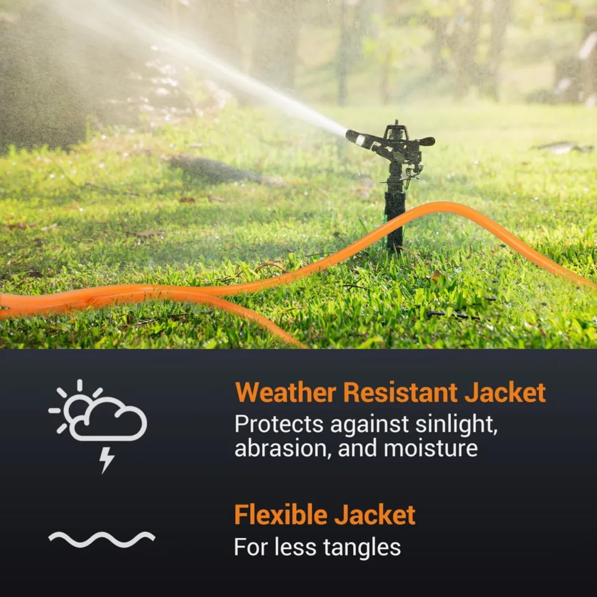 Cable de extensión para exteriores, impermeable, 25 pies, color naranja 14/3 SJTW, resistente, flexible, 100% cobre, 3 puntas para césped, cochera, certificación UL