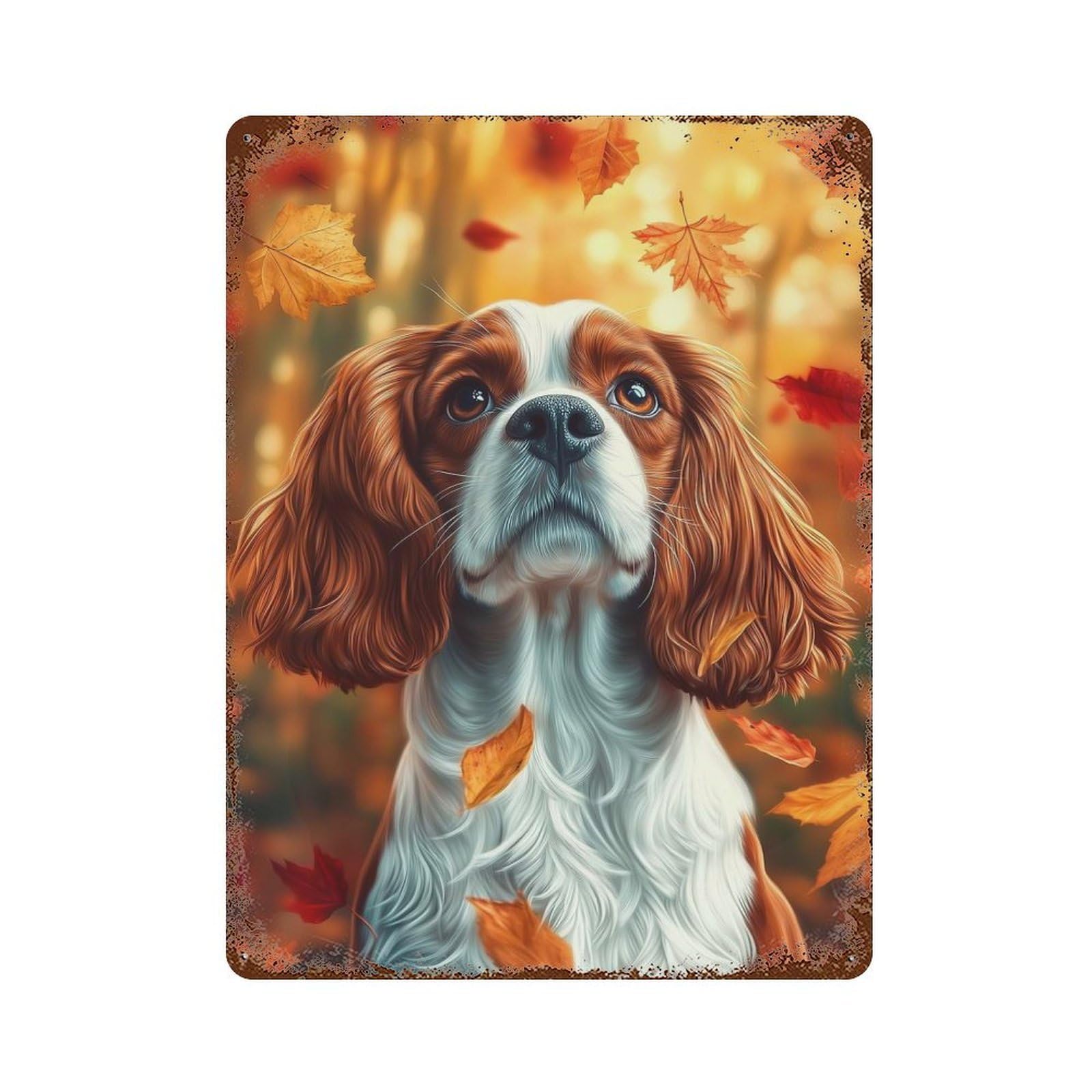 Garage Style Cavalier King Charles Spaniel in Autumn Rust Effect Tin Sign 15.7"x11.8", Classic Wall Plaque for Bar And Workshop