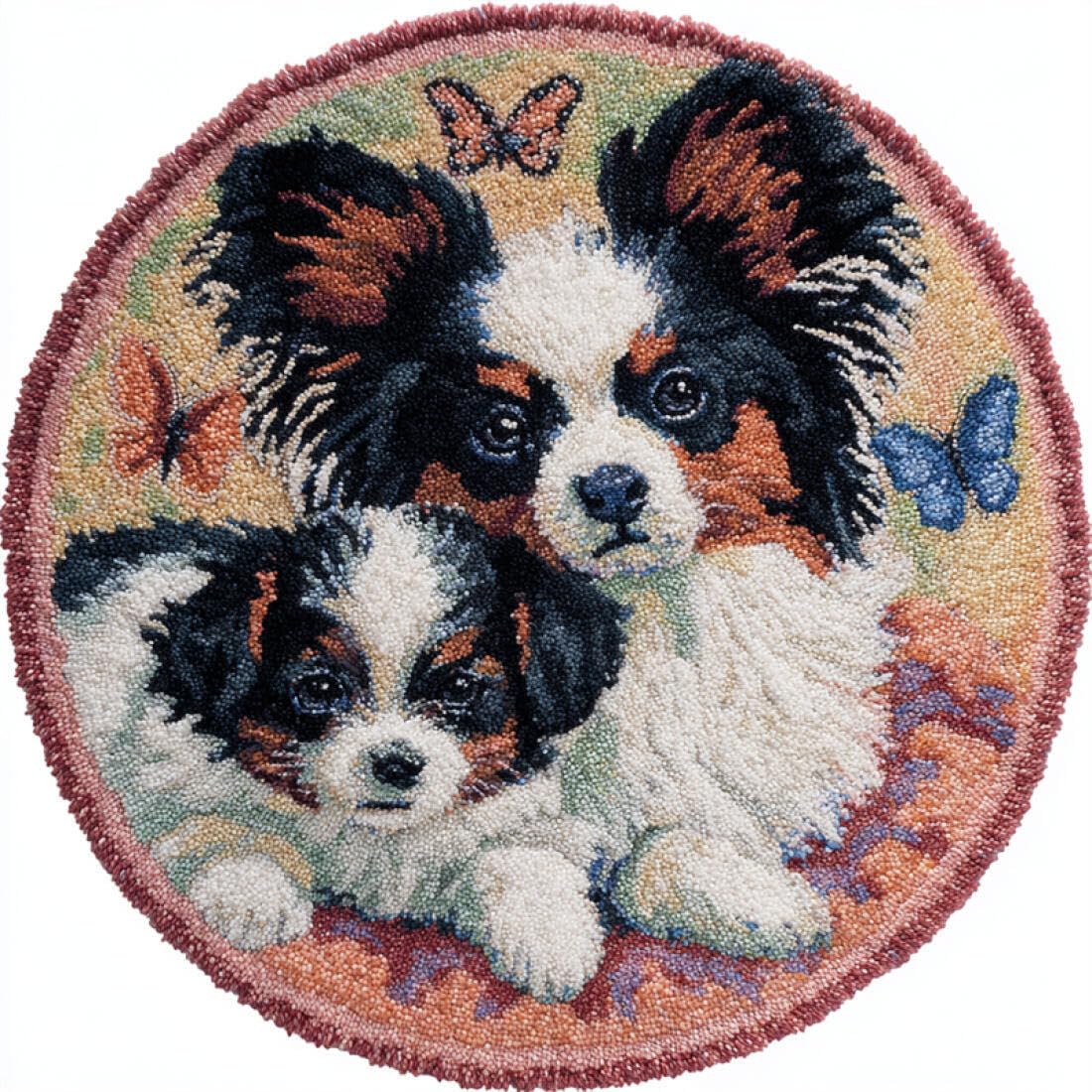 Rqwybcaxn DIY Rug Latch Hook Kits for Beginners Animal Cross Stitch Kit Cartoon Papillon 60x60cm Round Tapestry with Crochet Hook Bedroom Craft Gift