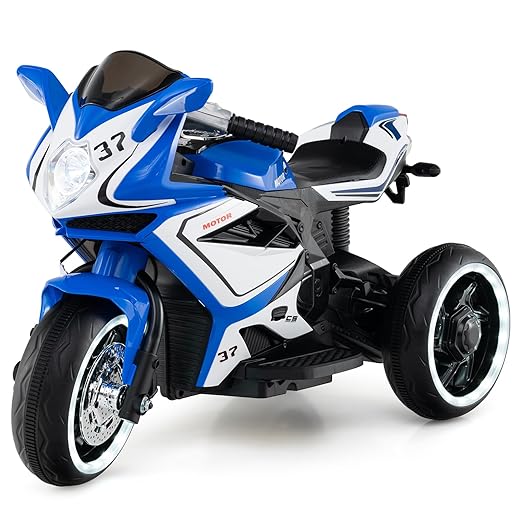 Costzon Toddler Motorcycle with LED Lights, 6V Battery Powered Kids Motorcycle Ride on Toy with Music, Horn, 15° Climbing & Wireless Connection, 3-Wheel Electric Motorbike for Kids, Gift (Blue)