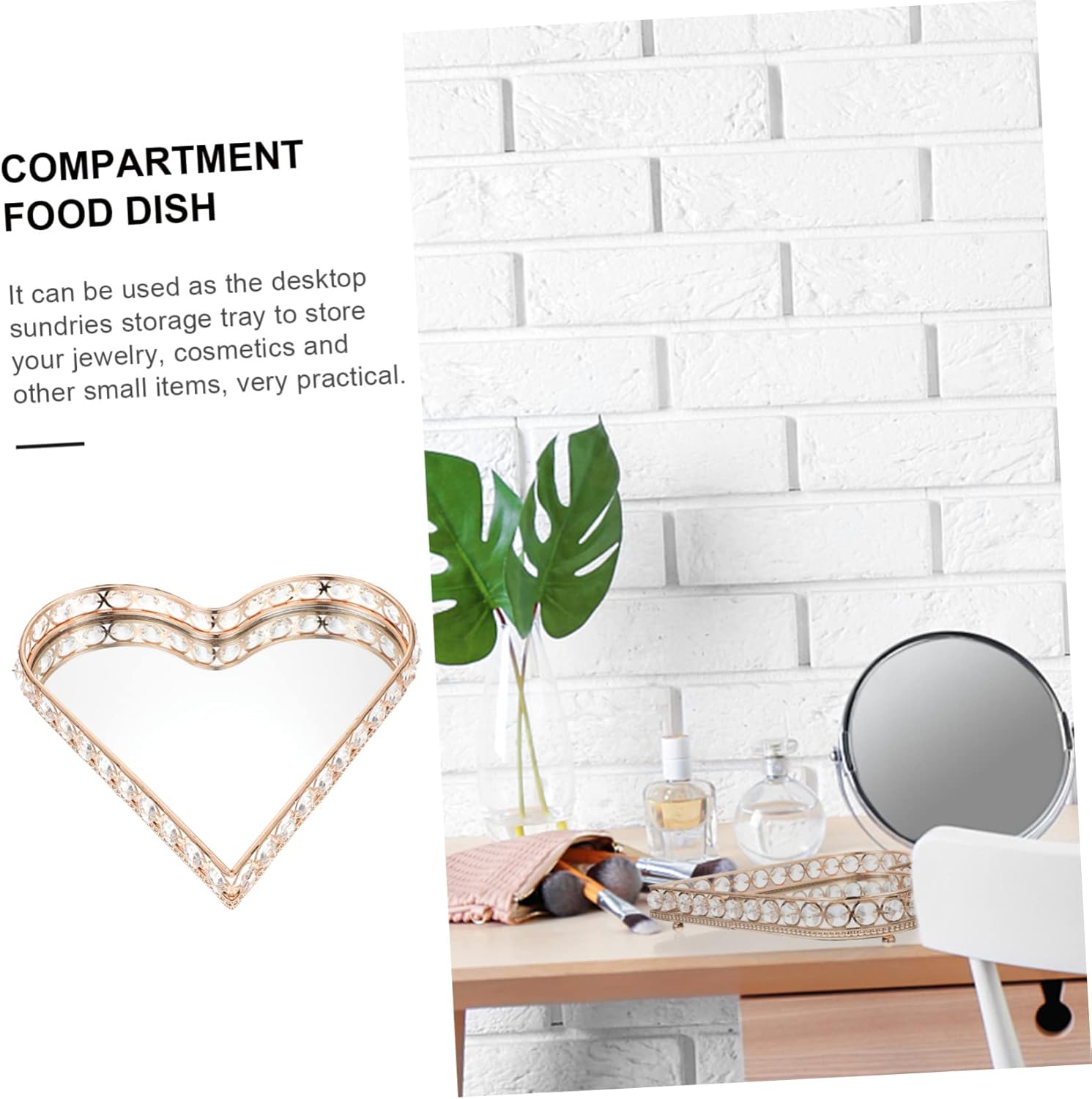 Decorative Mirrored Jewelry Tray Heart-Shaped Crystal Storage Organizer for Rings Keys and Sundries Elegant Tabletop Catchall for Home and Office Decor