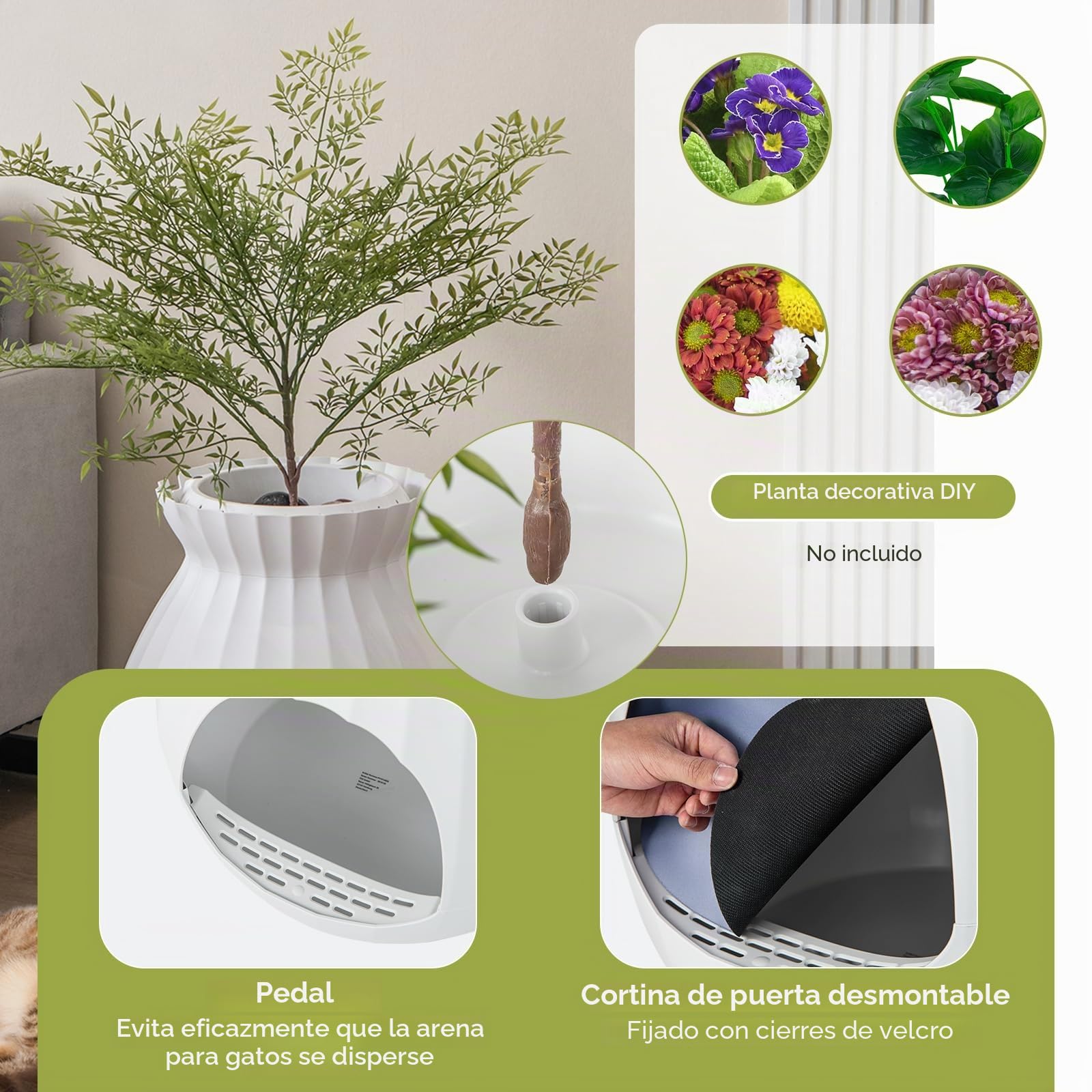 FANTASK Inodoro para Gatos 2 en 1, eliminación Inteligente de olores y esterilización con Cortina de Puerta, Estilo Maceta con Planta Artificial, guijarros y Pala