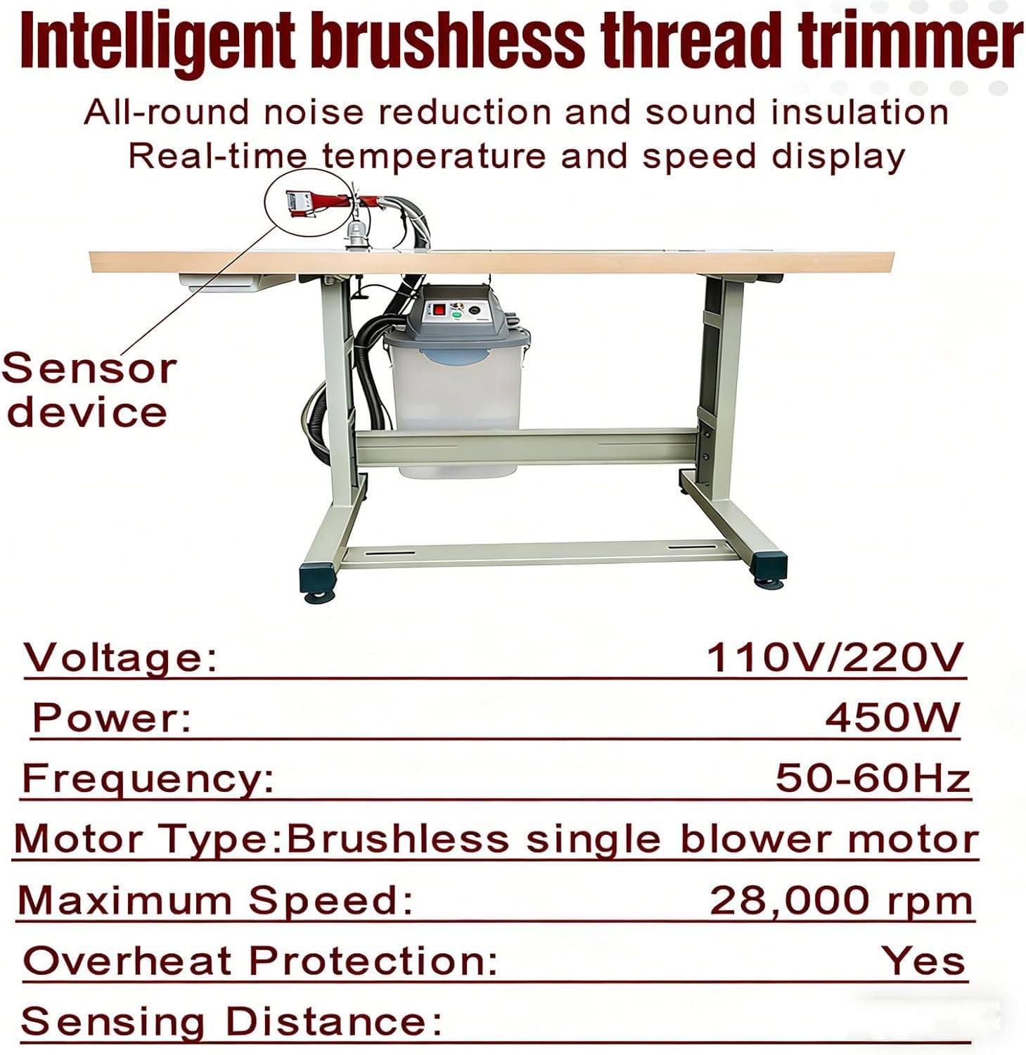 Machine de coupe de fil de tissu, puissance de 450 W, sans balais intelligent, régulation de la vitesse en continu, coupe de 15 à 50 mm de largeur, idéale pour les usines de vêtements