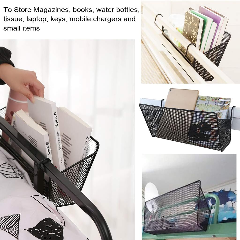 BTSKY 2 Pack Bedside Storage Baskets, Dorm Room Bed Storage Basket Metal Mesh Desktop Corner Shelves Hanging Organizer Rack Shelf Bedside for Book Phones Drinks Tissues Office Home with Hook Black