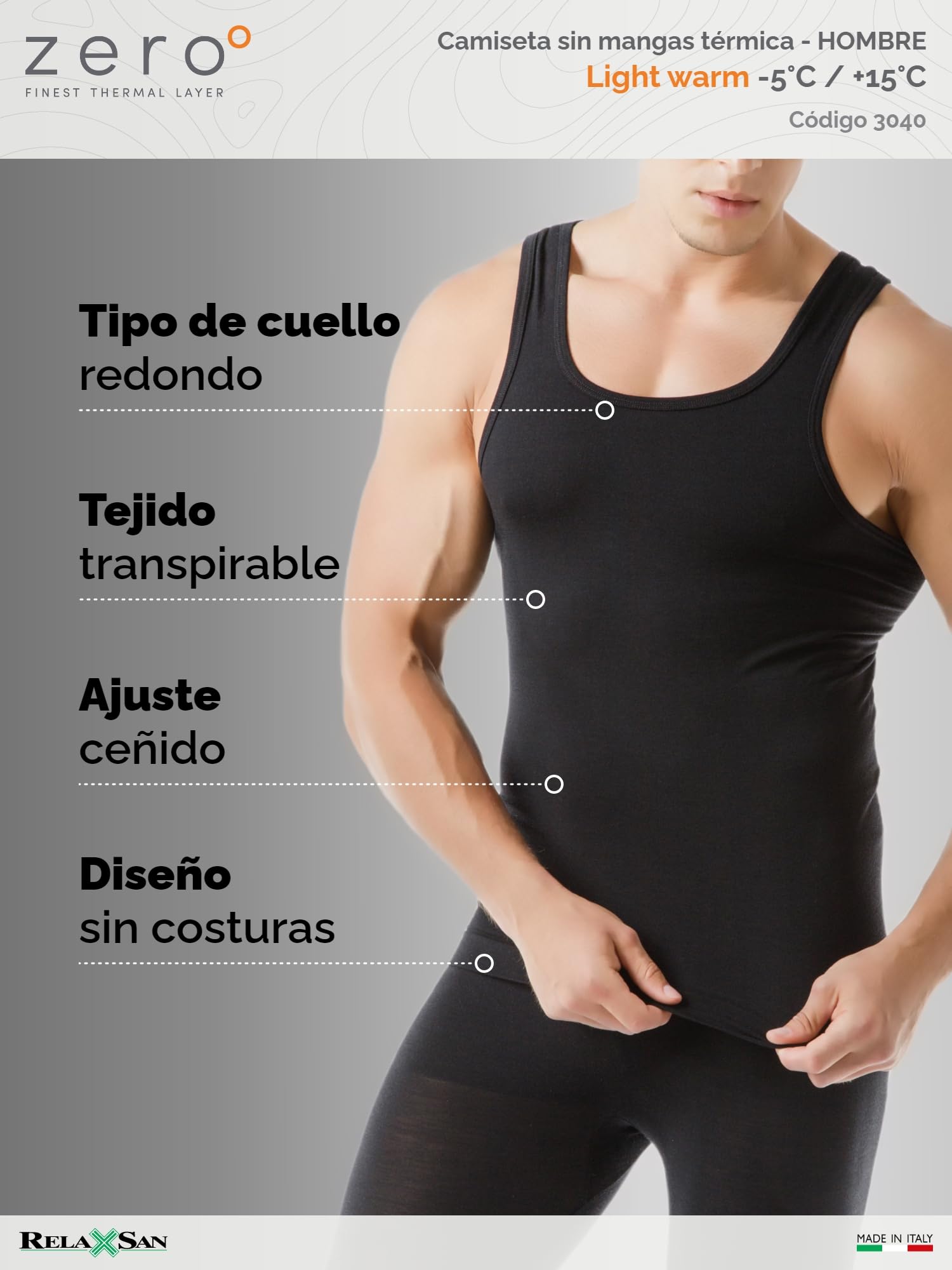 Relaxsan Zero 3040 - Camiseta Térmica de Tirantes Anchos Hombre Lana Merino
