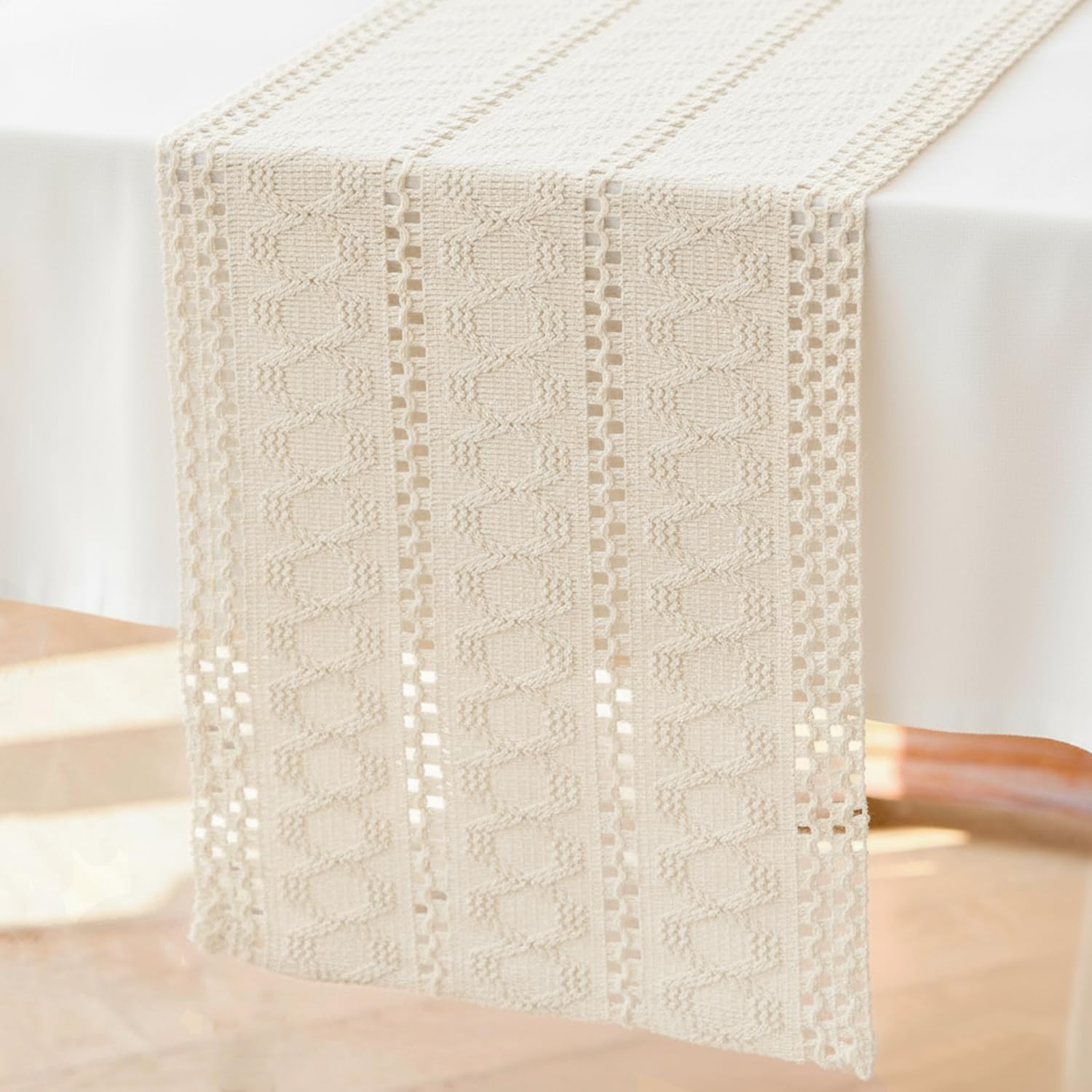 Brylleii Crochet Table Runner White Natural Beige Cream Boho Macrame Decorative Table Runner Modern 30 x 80 cm Cotton Linen Country House Style Tablecloth Narrow Washable Table Runner for Wedding