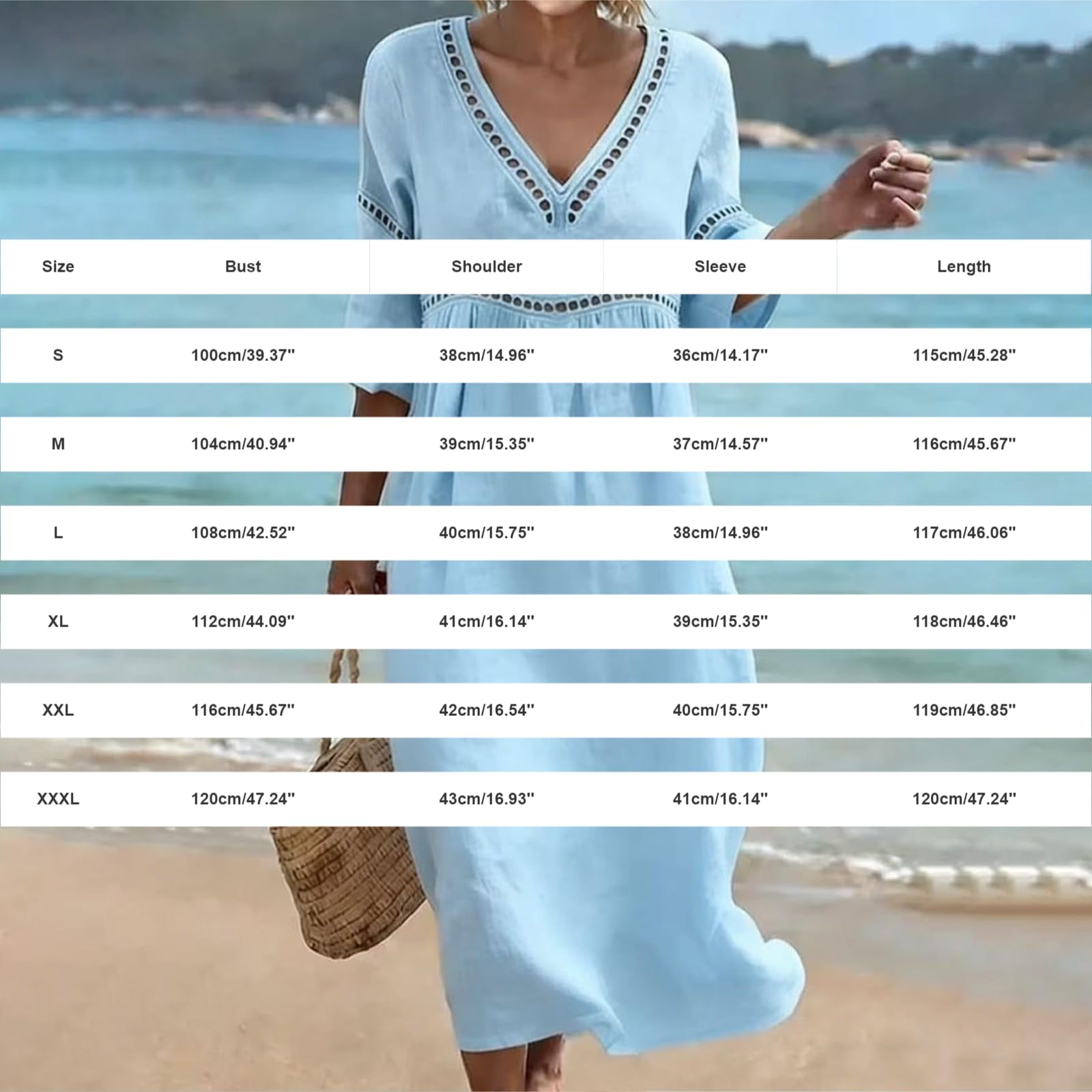 Generisch Sommerkleid Damen Lang,3/4 Ärmel Lochstickerei Musselin Locker Boho Kleid Sommer Strandkleid Elegant Baumwolle Leinenkleid V Ausschnitt Mode Maxikleid Leicht und Luftig Freizeitkleid