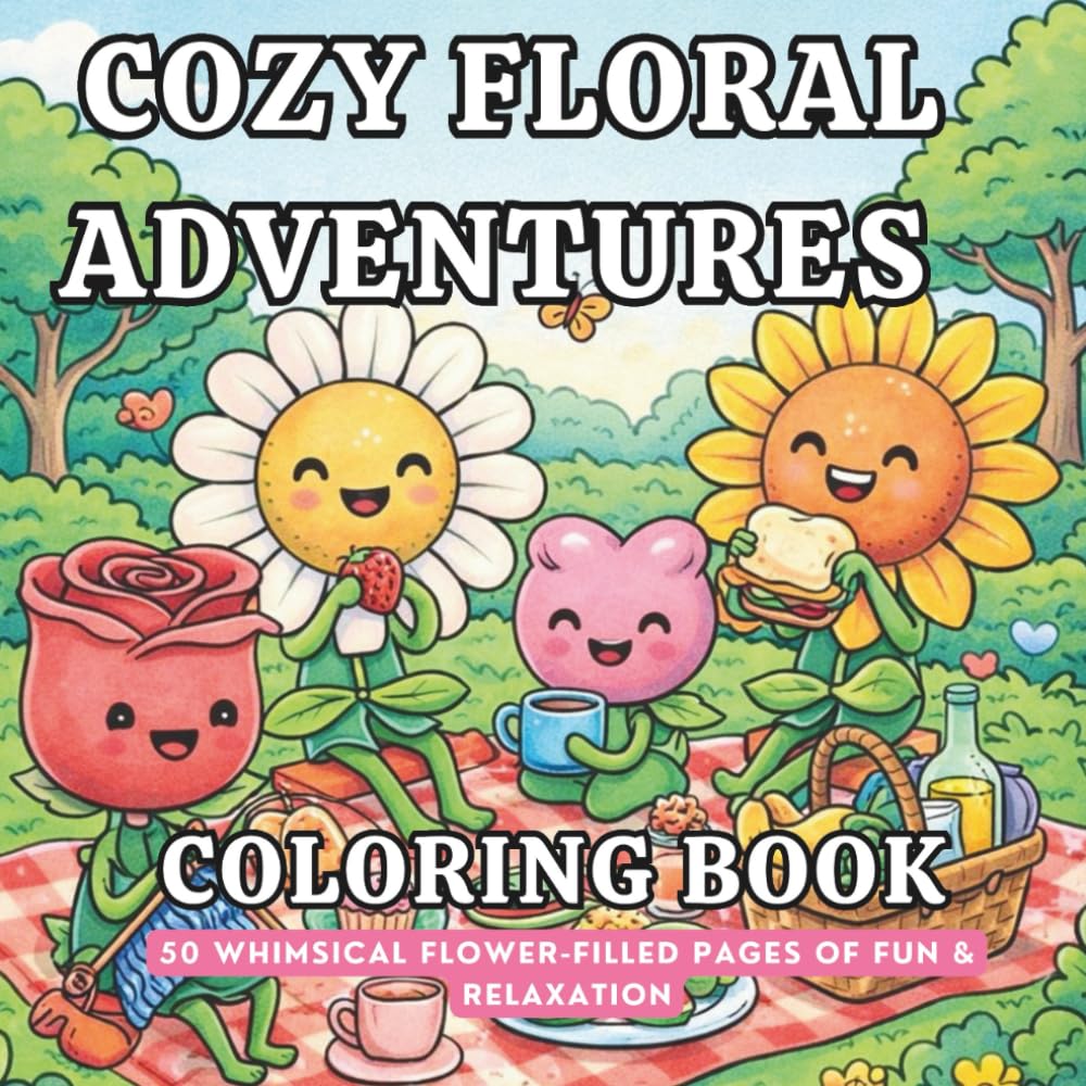 Cozy Floral Adventures Coloring Book: 50 Whimsical Flower-Filled Pages of Fun & Relaxation: Single-Sided Pages with Gentle Illustrations for Calm, Creative Coloring