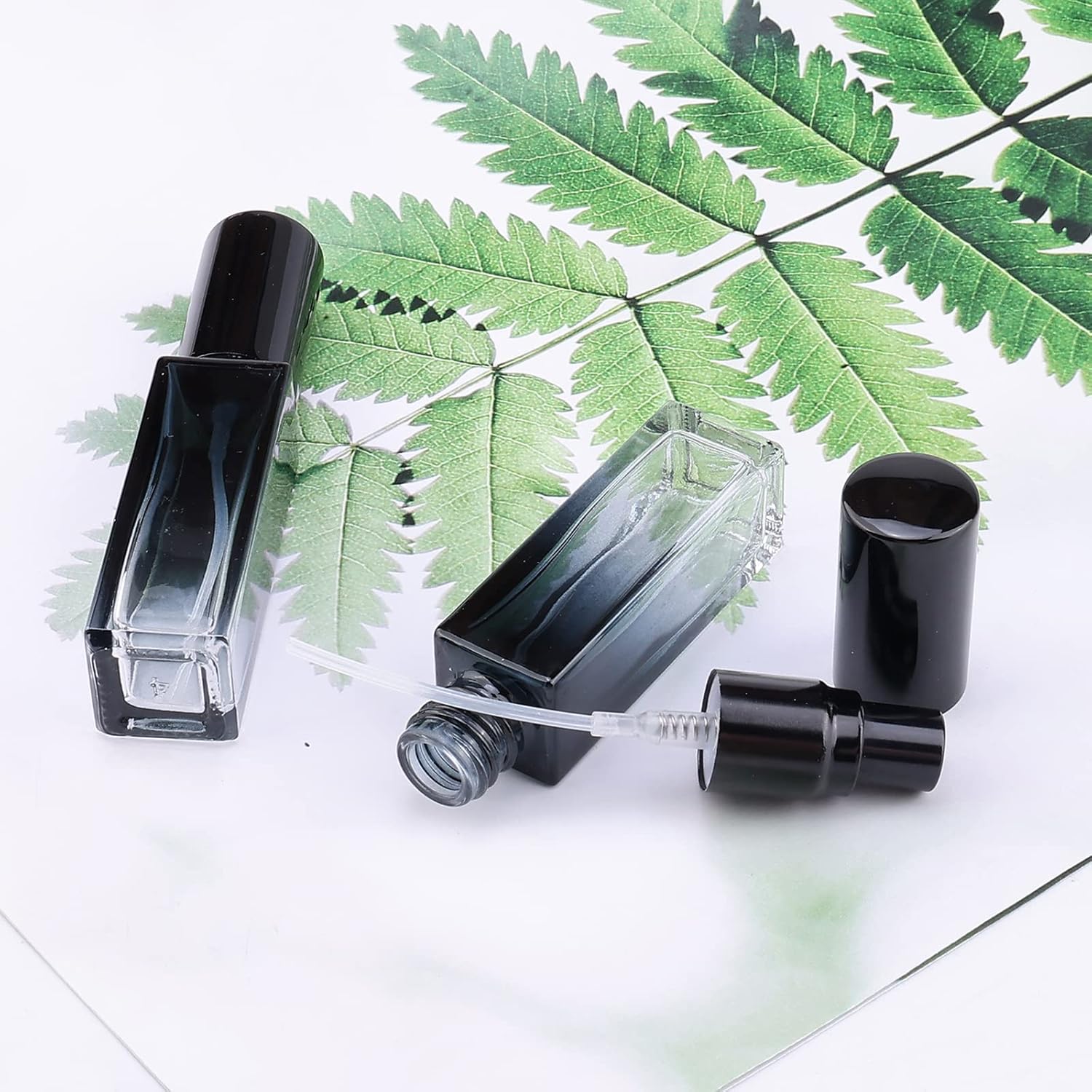 45pcs 10ml Mini Square Spray Bottle Glass Empty Spray Refillable Perfume Bottle Fine Mist Liquid Dispenser for Makeup Skin Care (Black Cap)