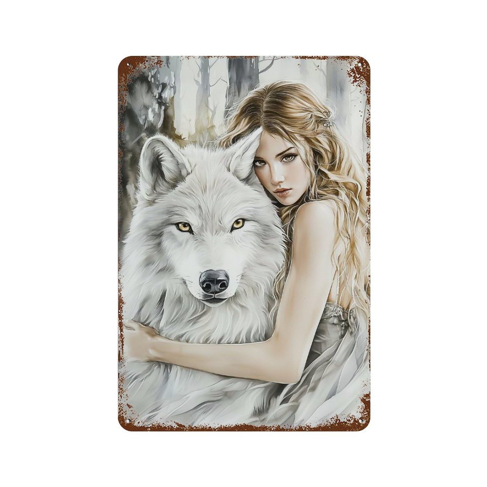 Wolf And Woman in Forest Weathered Tin Sign 11.8"x7.9", Ideal for Shed, Workshop And Garage Wall Decor
