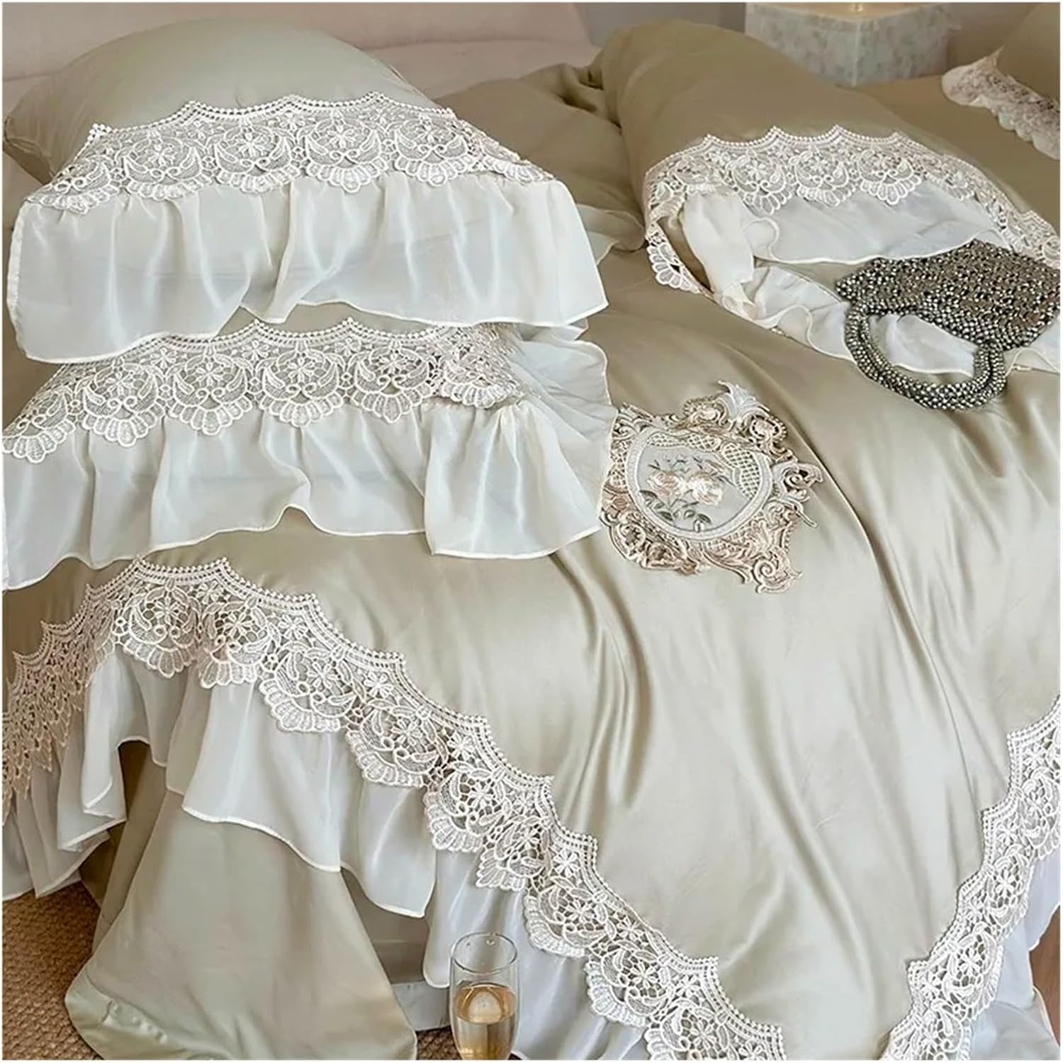Cotton 1000TC V-intage Bedding Set White Ruffle Duvet Cover Set Soft Sheet Twin Queen,Bed