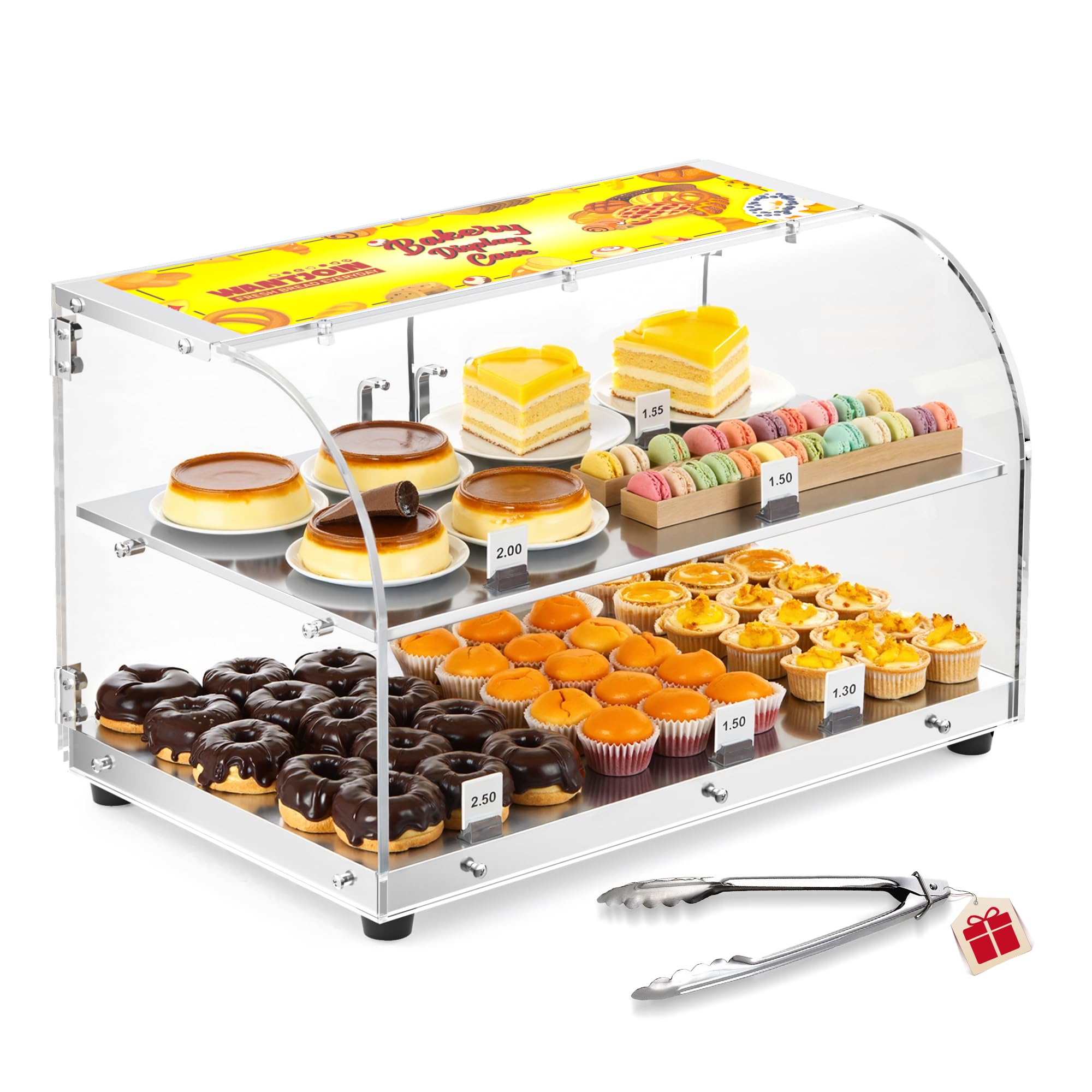 WantJoin Pastry Display Case, 22-inch 2-Tier Countertop Display Case with Magnetic Doors &amp; 3 Trays, Acrylic Commercial Food Display for Bakery, Bread, Dessert，