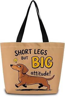 Big Attitude Dachshund Tote Bag Cute Aesthetic Shopping Shoulder Handbag with Interior Zipper Pocket Lightweight & Washable Stylish Big Attitude Dachshund Present for Women Friends