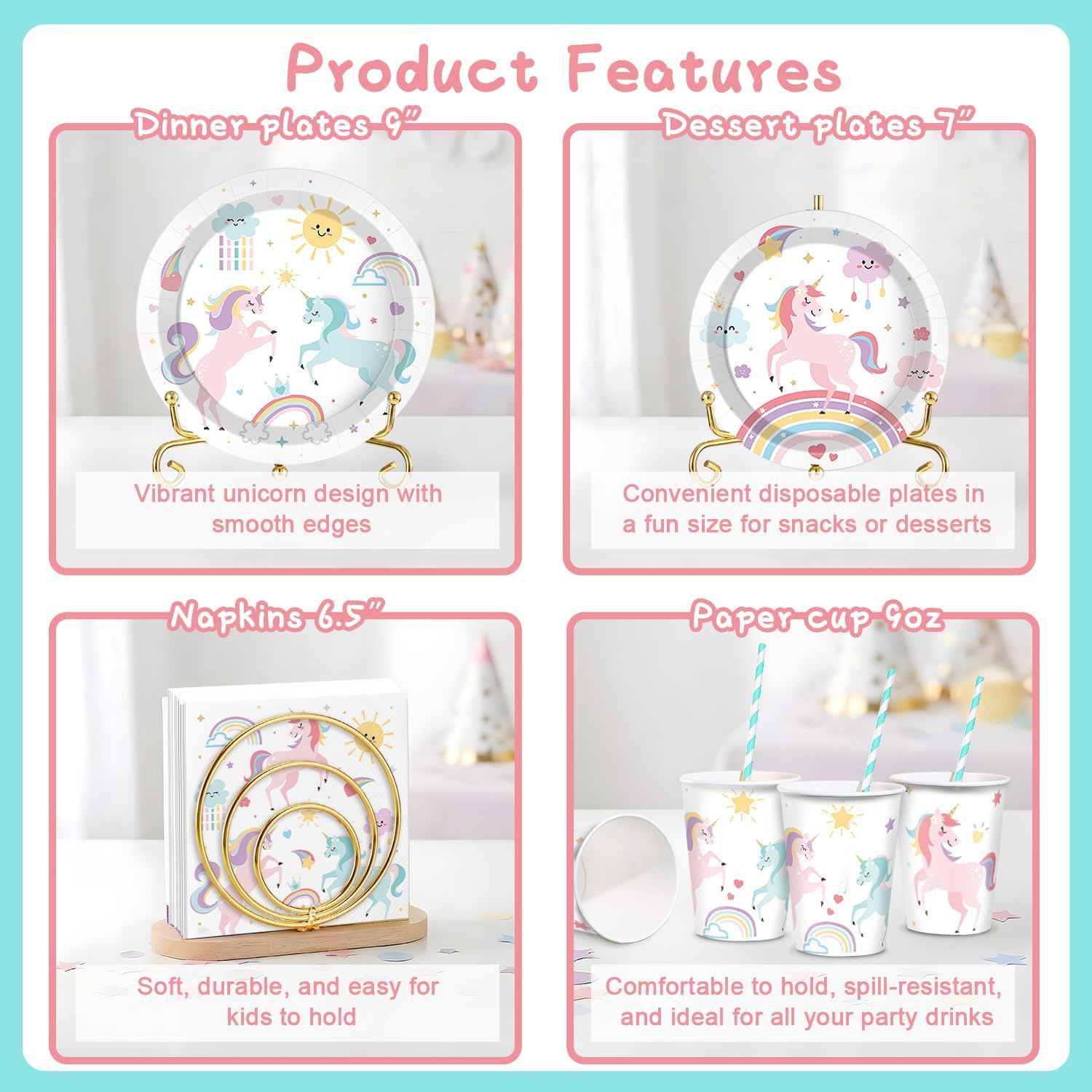 Unicorn Birthday Decorations, Unicorn Party Decorations, Rainbow Birthday Decor for Girls, Includes Plates, Cups, Napkins, Banner, Tablecloths, Balloons, Cupcake&Cake Topper serve 24 Guests