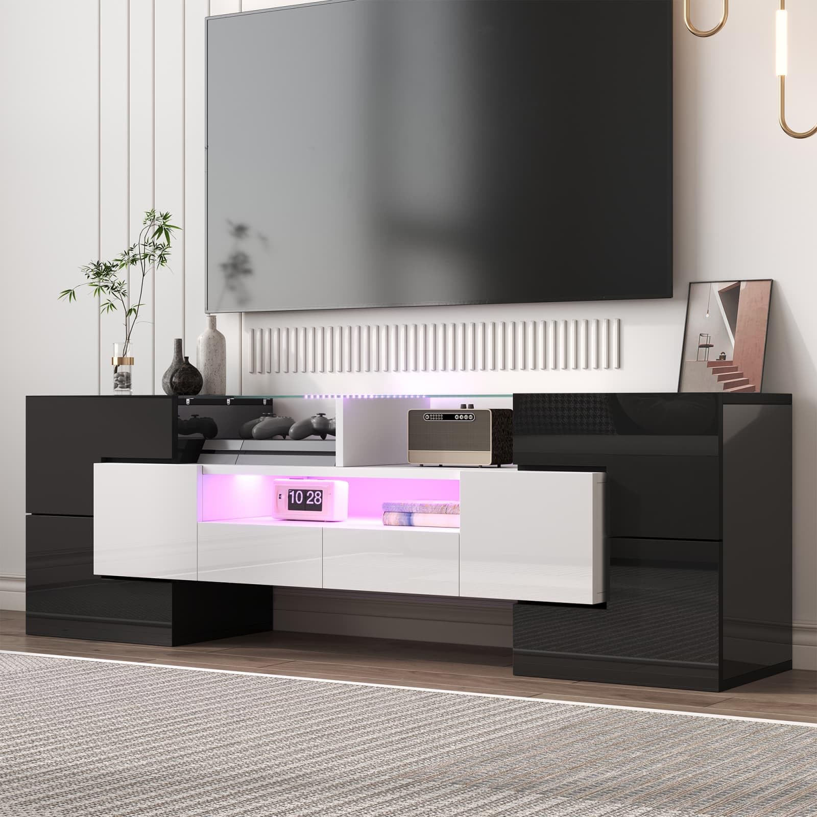 KOMHTOM Meuble TV Moderne avec 6 Portes et 2 Tiroirs, Meuble de Salon avec éclairage LED, pour Salon, Salle à Manger et Chambre à Coucher