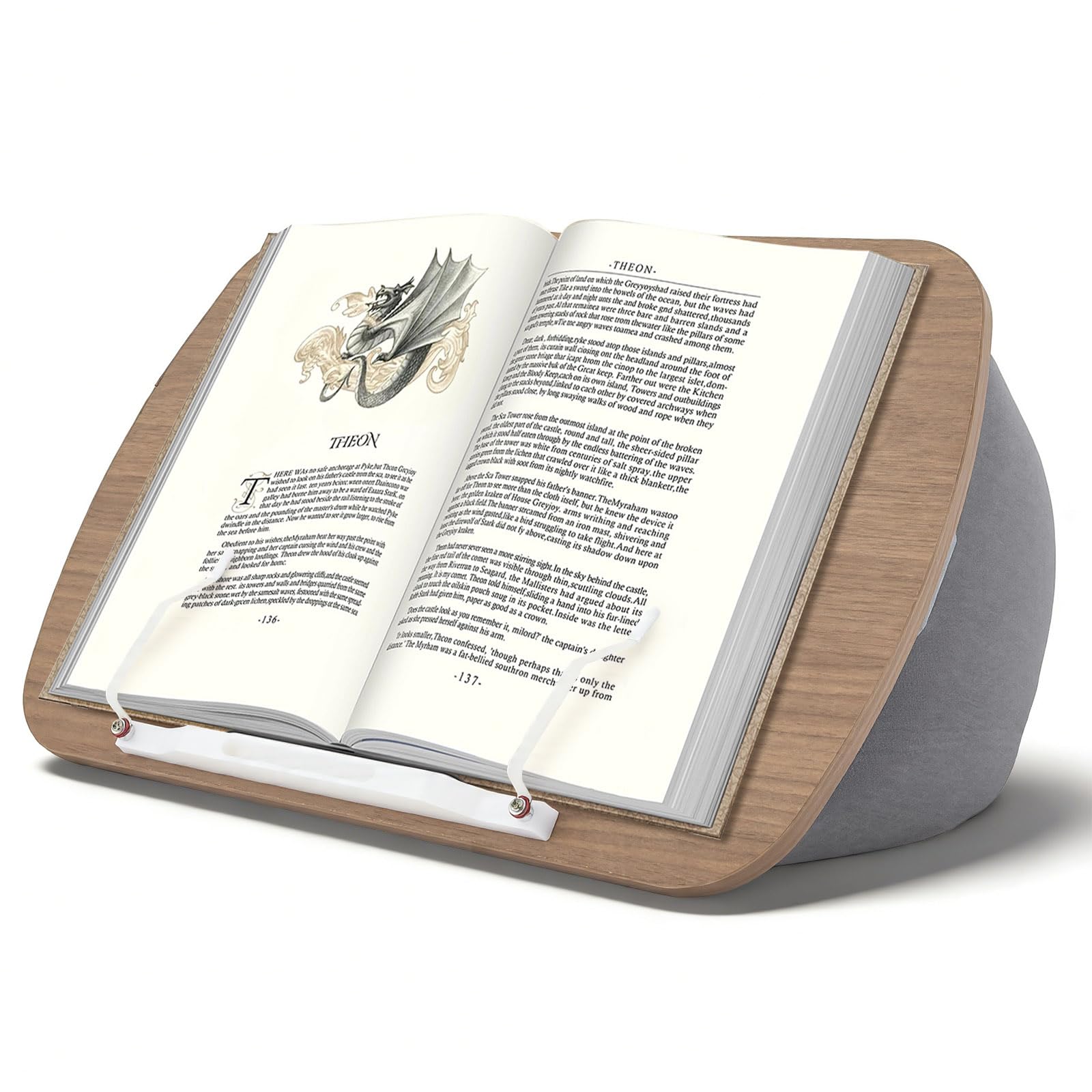 Pouf, support de livre et coussin de lecture – Lecture mains libres sur canapé, lit et bureau, pour livres, liseuse, tablette et ordinateur portable, cadeau pour les amateurs de livres (gris)