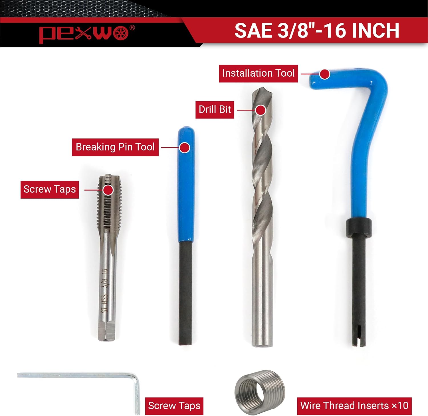 3/8-16 Helicoil Thread Repair Kit, Thread Repair Tool with HSS Drill Bit & Thread Inserts, SAE Thread Repair Installation Kit for Rethreading Internal Threads with Carry Case