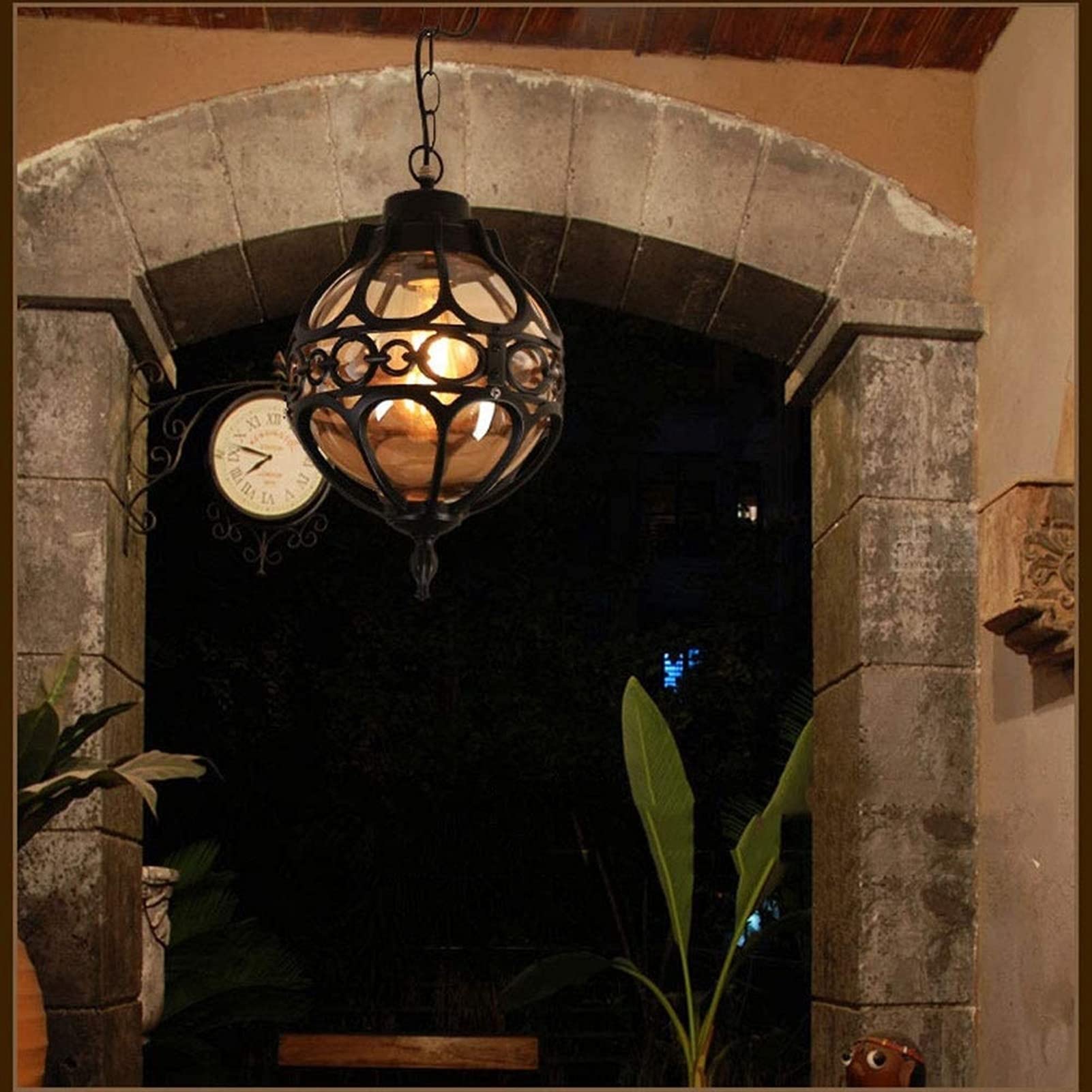 Exterior Aluminum Glass IP65 Rainproof Hanging Lantern Mediterranean Ball Waterproof Ceiling Pendant Lamp Creative Simple E27 Outside Pendant Lantern for Garden Porch Courtyard Lighting Fixture