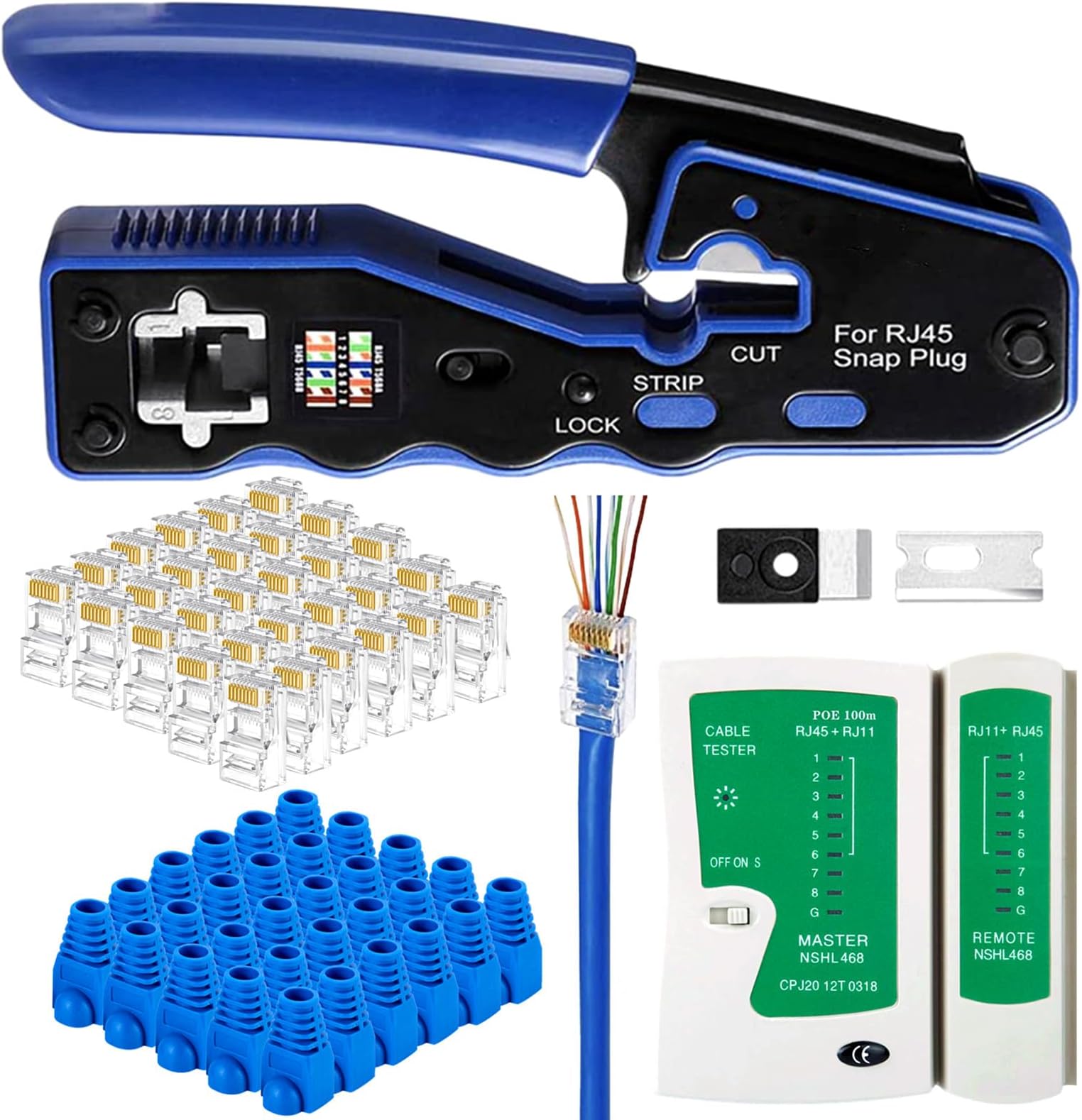 Gaobige RJ45 Pass Through Crimp Tool Kit, Cat6A Cat6 Cat5e Cat6 rj45 Crimping Tool with 30PCS RJ45 Cat6 Pass Through Connectors, 30PCS Covers, Network Cable Tester