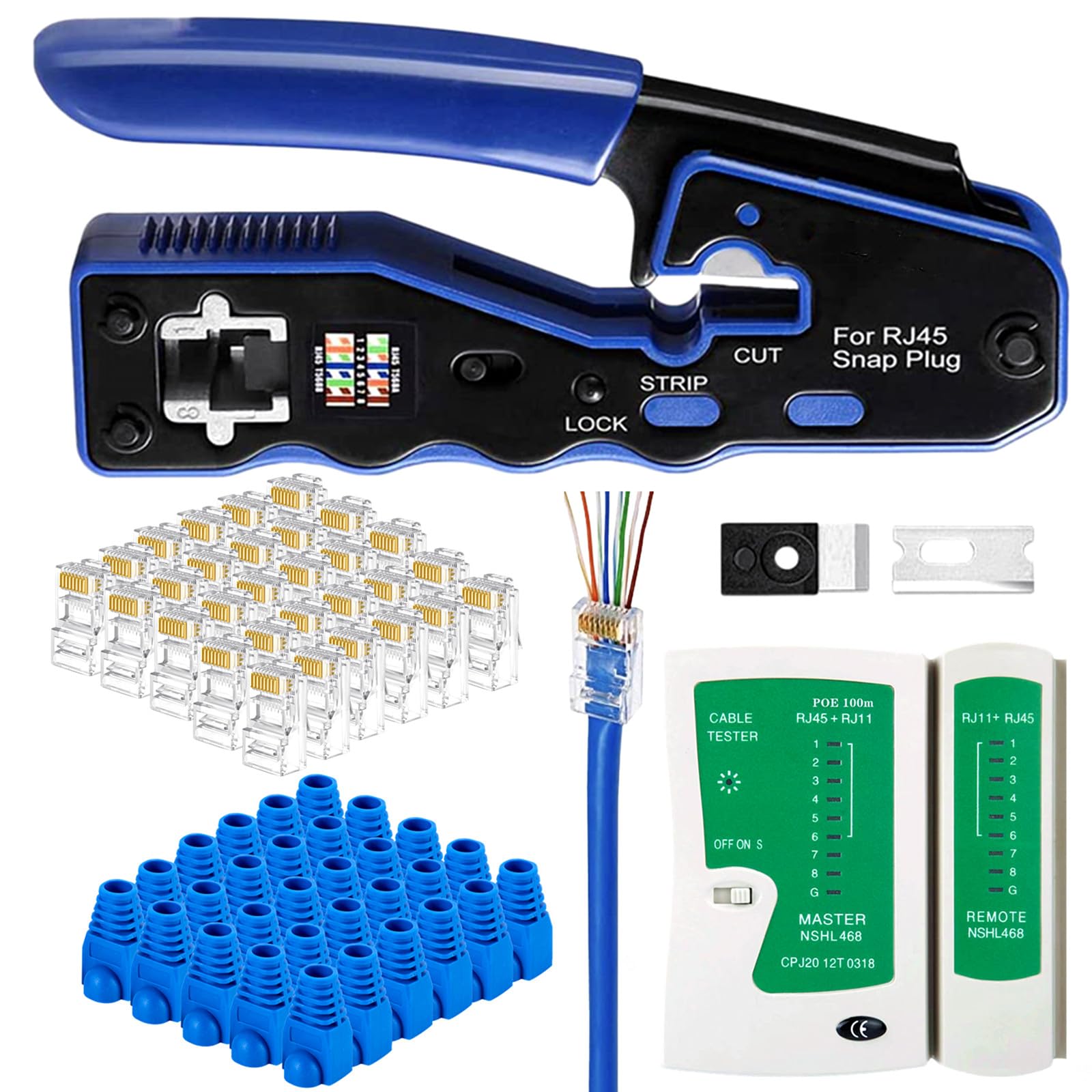 Gaobige RJ45 Pass Through Crimp Tool Kit, Cat6A Cat6 Cat5e Cat6 rj45 Crimping Tool with 30PCS RJ45 Cat6 Pass Through Connectors, 30PCS Covers, Network Cable Tester