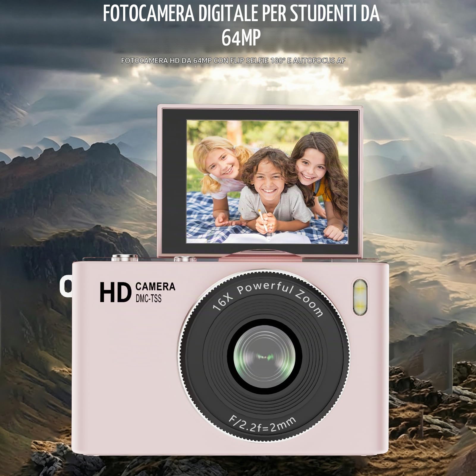 Fotocamera Digitale 4K con Scheda TF da 32 GB, Fotocamera da Viaggio 64 MP, Zoom 16x, Obiettivo Grandangolare 76°, Schermo Pieghevole 180°, Filtri Multipli con