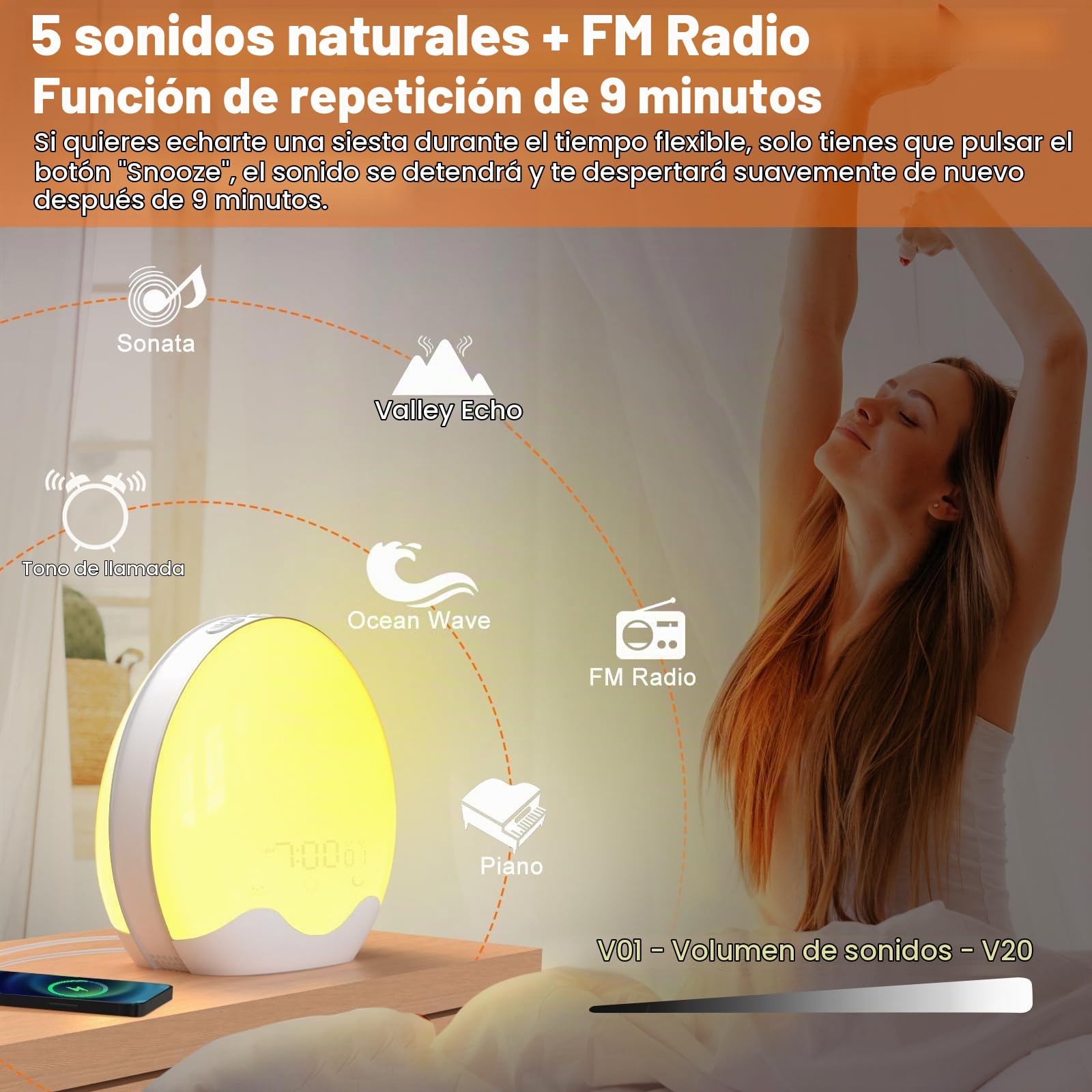 Cadrim Despertador con Luz, Simulación de Amanecer y Atardecer, Radio FM, 5 Sonidos de la Naturaleza, 2 Alarmas, Repetición, Luz de 12 Colores, Plástico Blanco