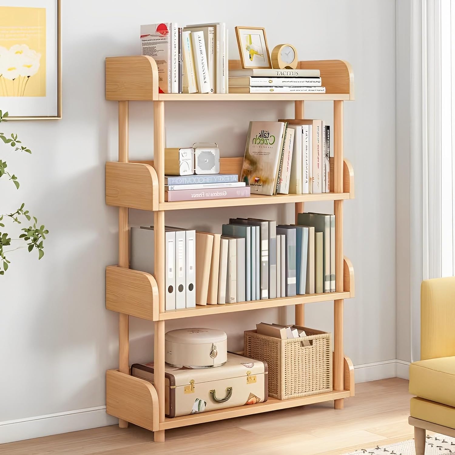 4-Tier Wooden Open Bookcase,Wood Storage Shelves Display Stand,Modern Freestanding Bookshelf with Side Panels and Solid Wood Frame for Home and Office, Storage Cabinet (Oak)