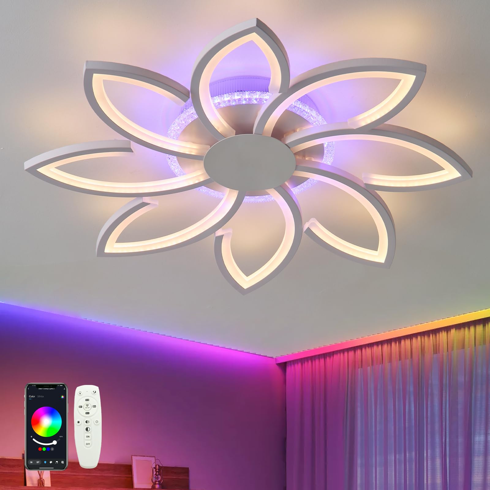 GWYAJTU RGB Lighting Ceiling with Changeable Color, LED Dimmable Ceiling Lamp with Remote Control and APP, 3000K-6500K for Living Rooms and Bedrooms, RGB White — image 1