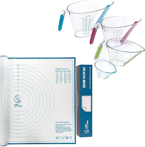 KPKitchen Juego de 4 tazas medidoras de silicona para repostería y líquidos, tapete para hornear extra grande para desplegar masa, 100% silicona y