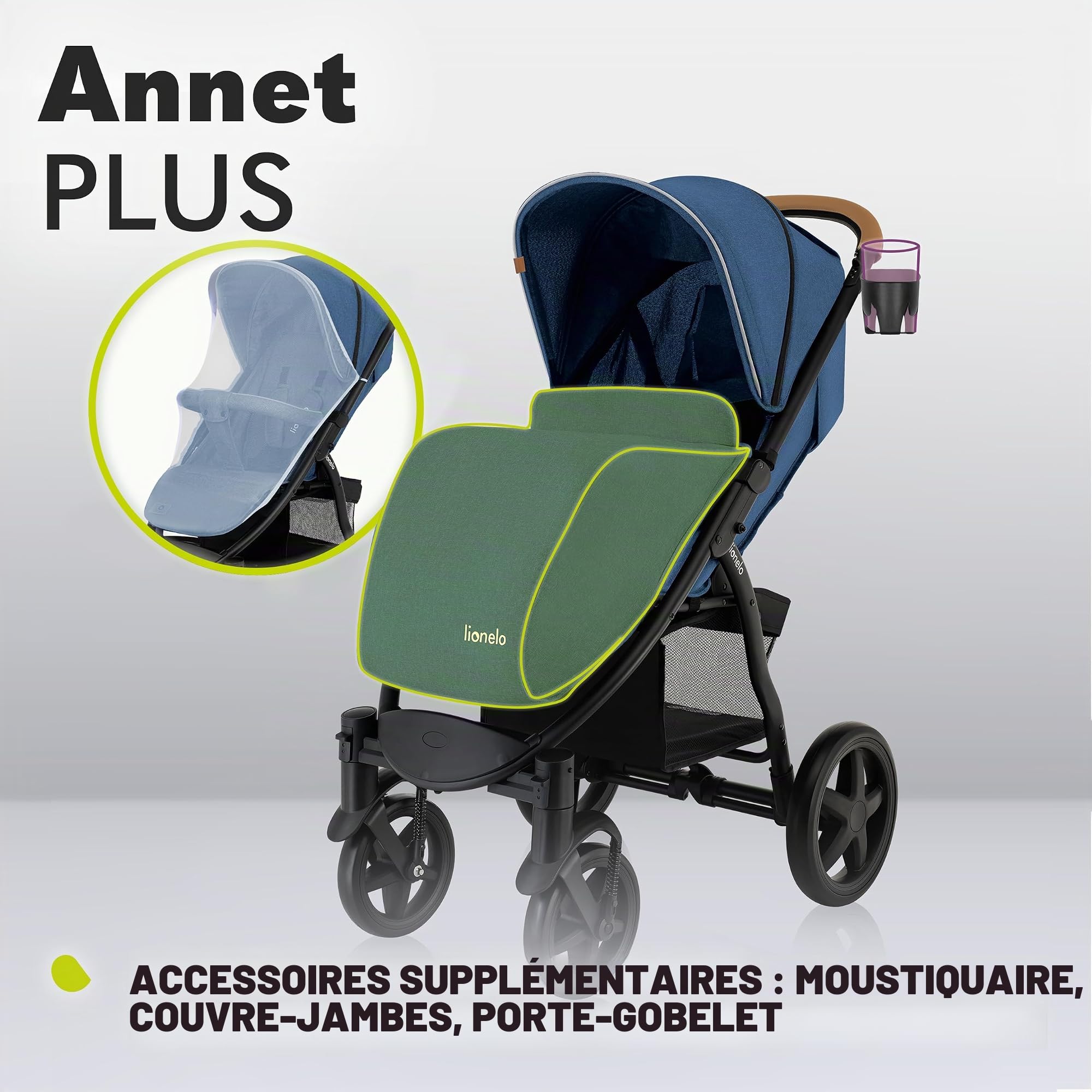 LIONELO Annet Plus Poussette de naissance jusqu'à 22 kg Poussette légère et pliable avec dossier inclinable en position couchée Roues en mousse EVA Moustiquaire Couverture Porte-gobelet Panier XXL