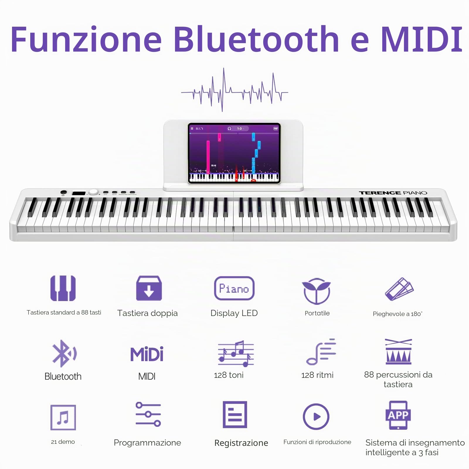 TERENCE Pieghevole Pianoforte Digitale con 88 Tasti semi-ponderati e interfaccia USB MIDI supporto spartiti Bluetooth Borse per Tastiera Cavo audio Cuffie Pedale Sustain Bianco