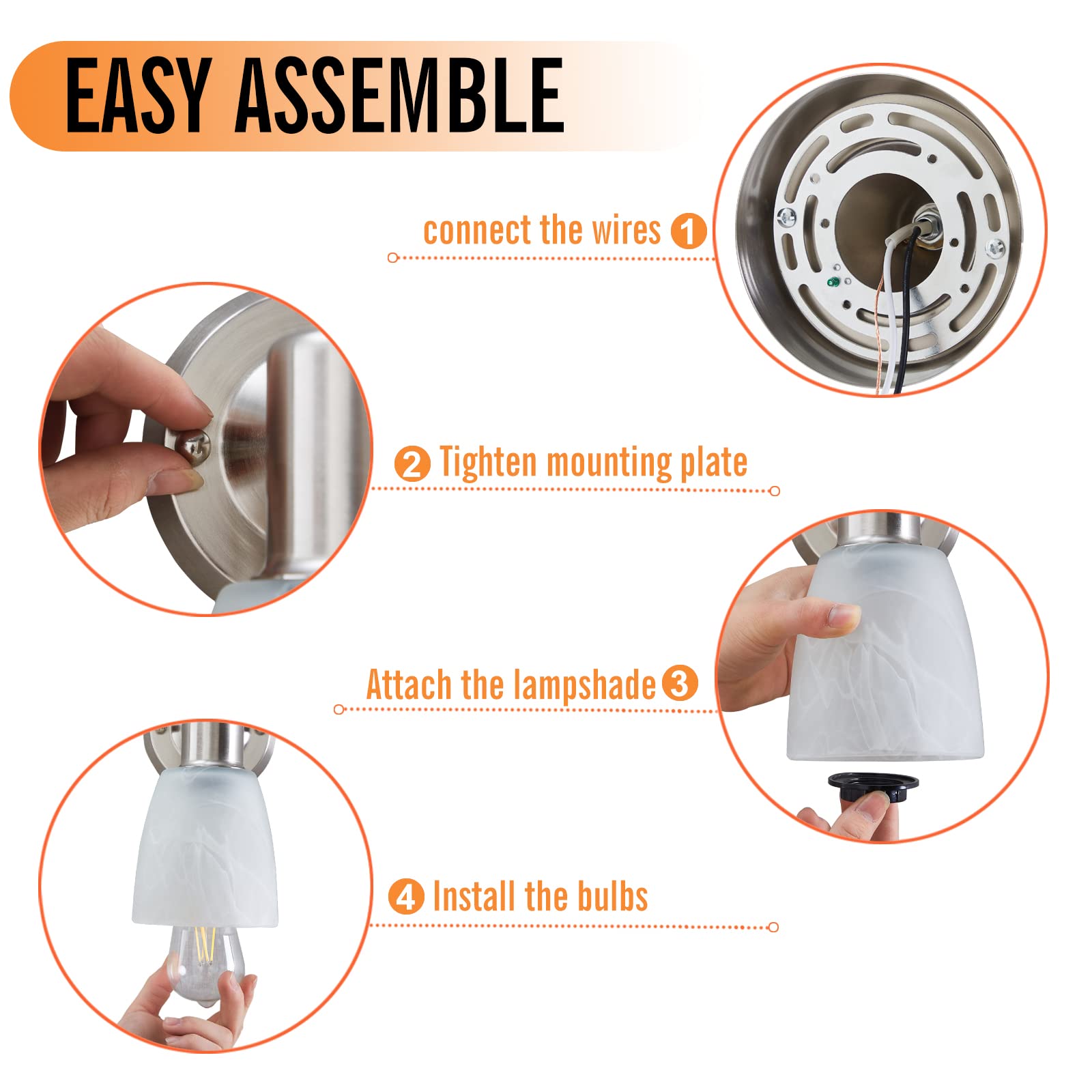 Juego de 2 apliques de pared, luces de tocador de níquel cepillado para baño, modernas lámparas de pared con interruptor giratorio, luz de montaje en pared con vidrio esmerilado, lámpara de pared de 8
