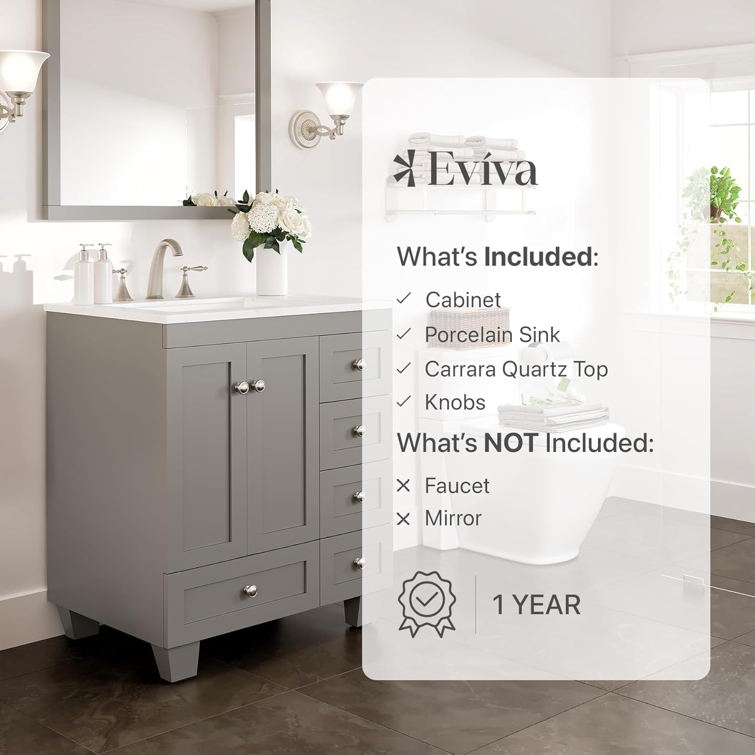 Eviva Acclaim 28 in. Gray Single Sink Bath Vanity with Carrara Quartz Top and Undermount Porcelain Sink