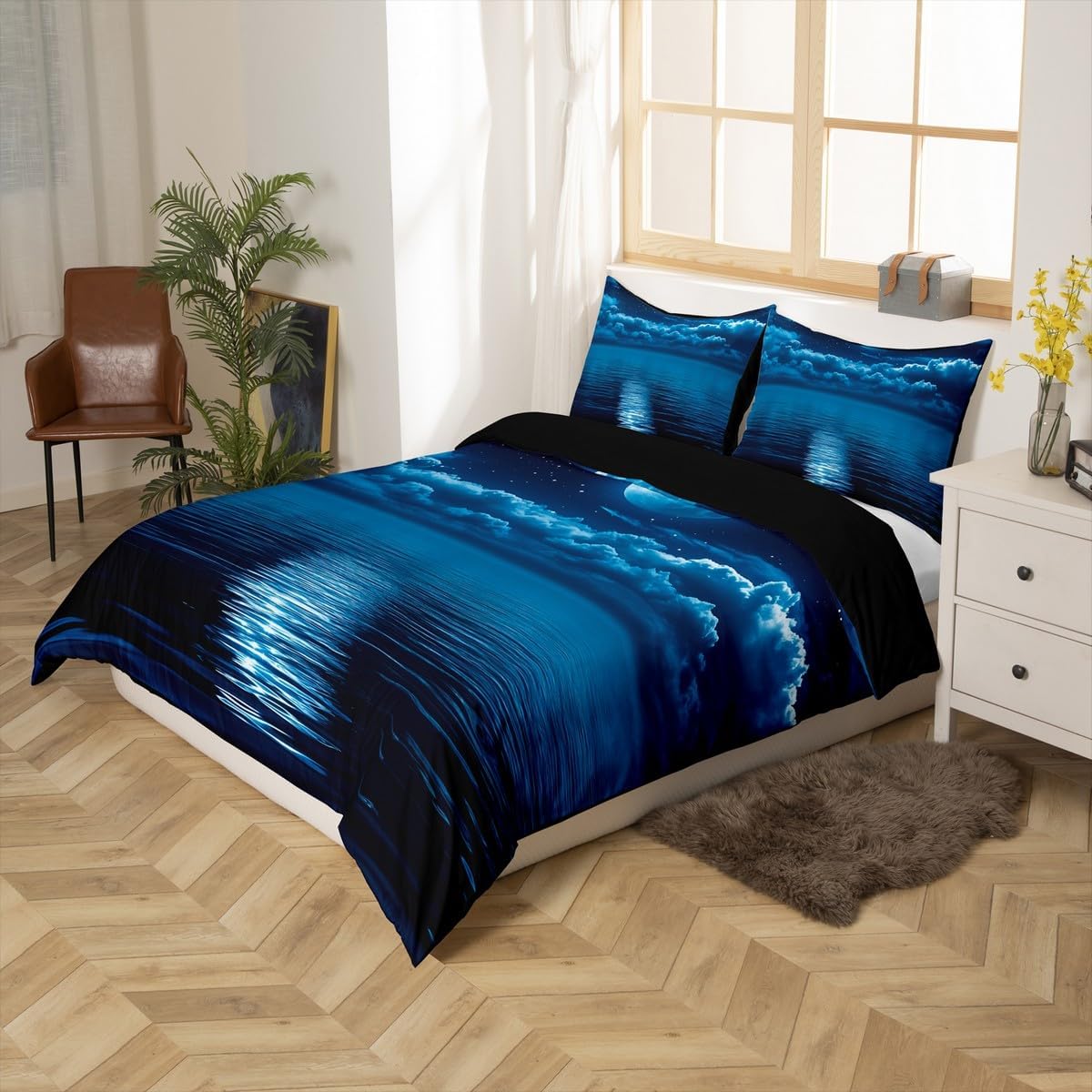 Erosebridal Ocean Comforter Cover Twin Size Moon Sky Starry Bedding Set for Kids Boys Girls Teens Nebulas Starry Landscape Duvet Cover Sea Nature Quilt Cover with 1 Pillow Case Navy Blue