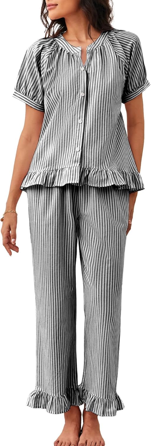 COZYPOIN Womens Striped Pajama Sets 2 Piece Cotton Button Down Short Sleeve Shirt Y2K Ruffle Pants Pockets Pjs Lounge Set
