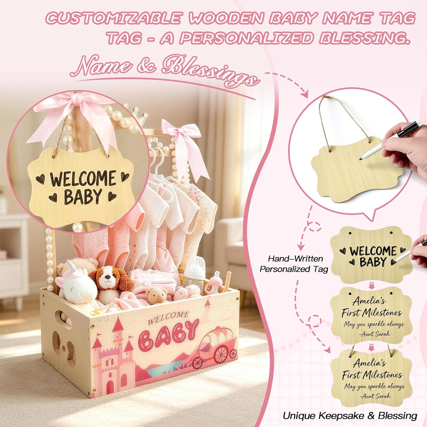 Wooden Baby Shower Crate Closet,Wooden Baby Shower Crate Closet with Handle and Decor,Personalized Baby Shower Basket,Easy Assembly Baby Shower Basket for Welcome Newborn Parents Party.(Castle)