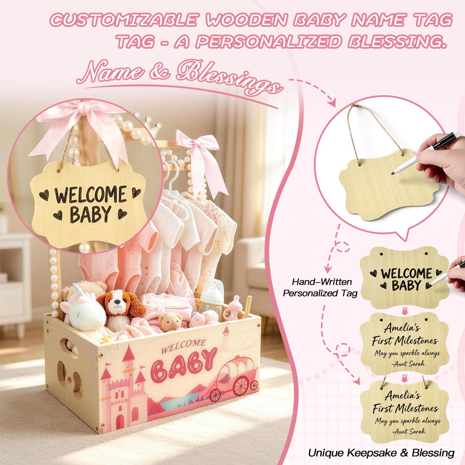 Armario de madera para baby shower, armario de madera para baby shower con asa y decoración, cesta personalizada para baby shower, cesta de baby shower de fácil montaje para fiesta de bienvenida de