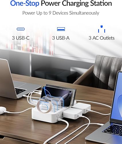 Miniatura 2 de SooPii Estación de carga de 60 W para múltiples dispositivos, base de carga USB C de 6 puertos con 3 salidas de CA, 3 USB C, 3USB A, cable de