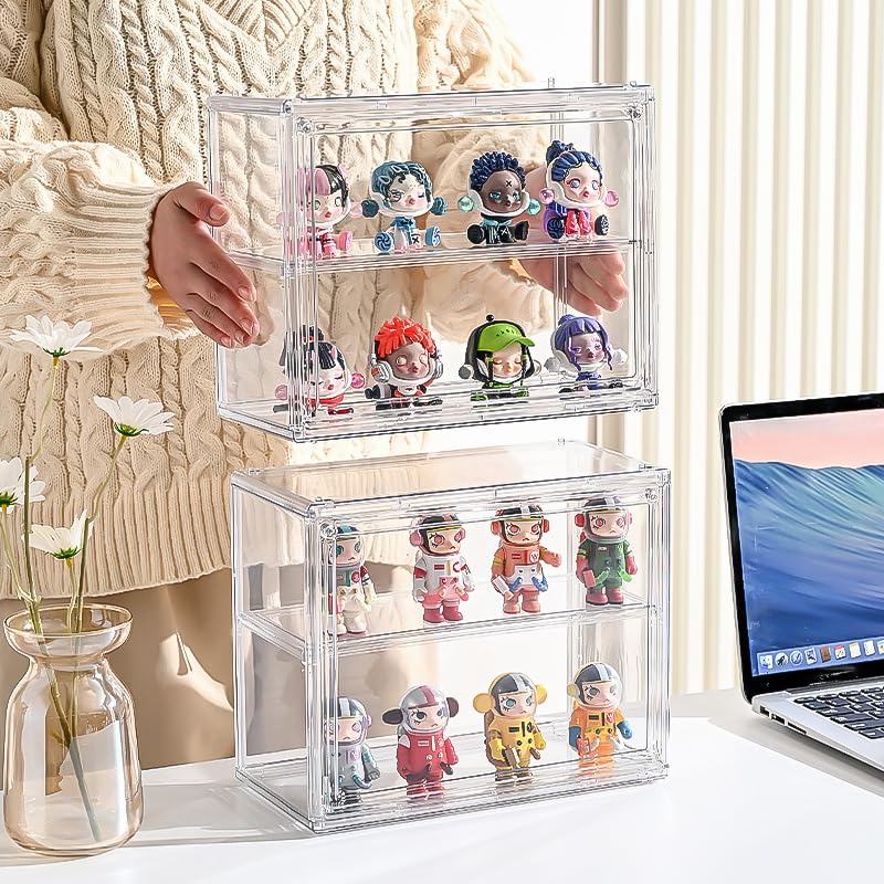 Image of BOHOIDEE 2 Tiers Clear Display Case for Figures, Acrylic Storage Organizers Box with Magnetic Door, Wall-Mounted Dustproof Showcase for Collectibles Action Figure