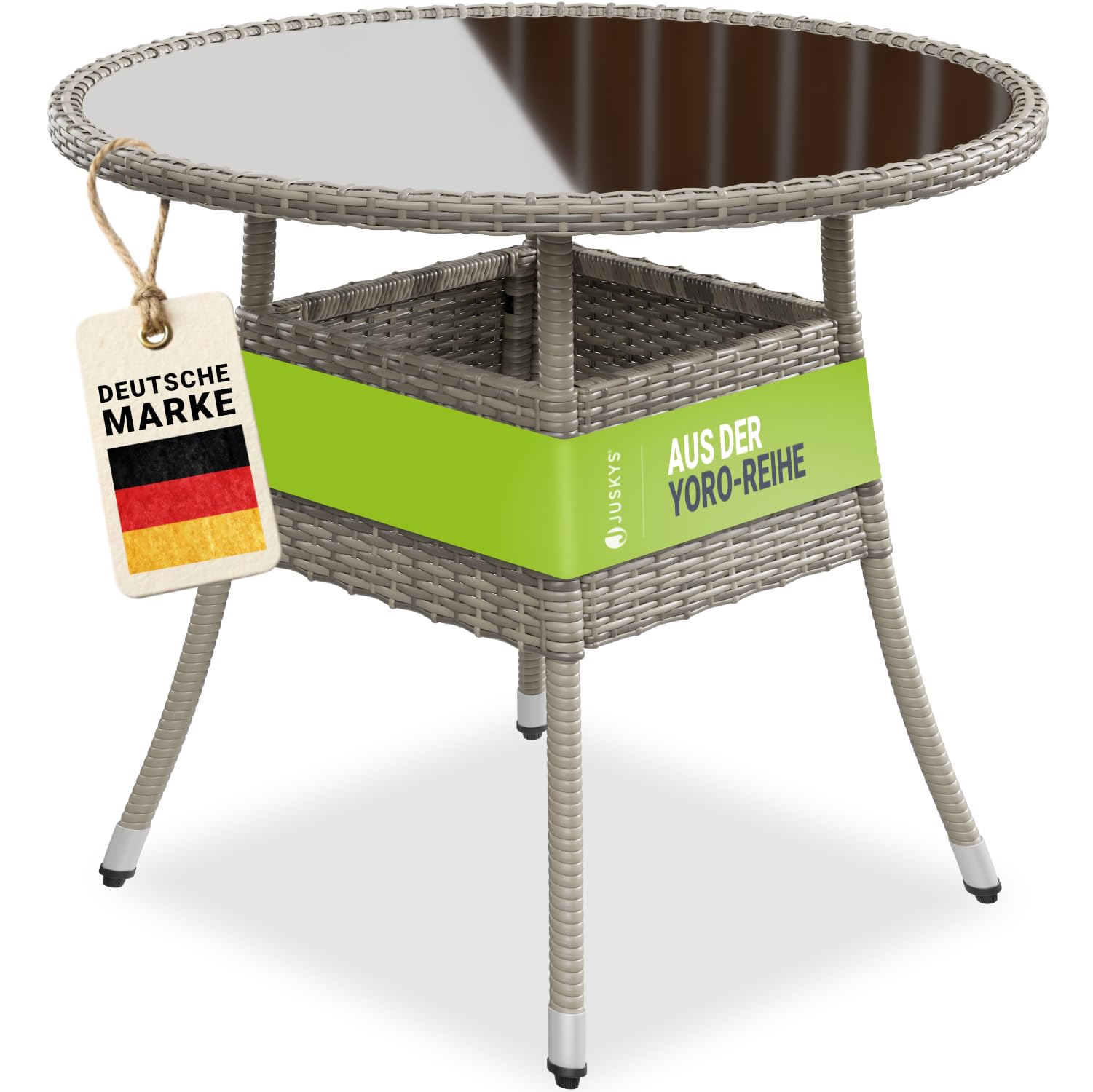 Juskys Polyrattan Gartentisch Yoro wetterfest - Balkontisch Ø 80 cm rund - Rattan Beistelltisch mit Glasplatte - Kleiner Tisch für Balkon